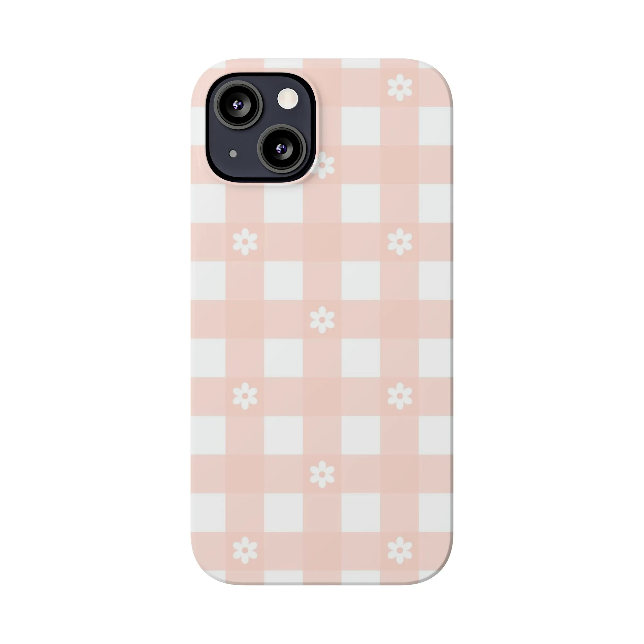 White Daisies and Pink Gingham Design Sleek Elegance Wireless-Charging Compatible Phone Case Slim Phone Case compatible with over 20 iphone models