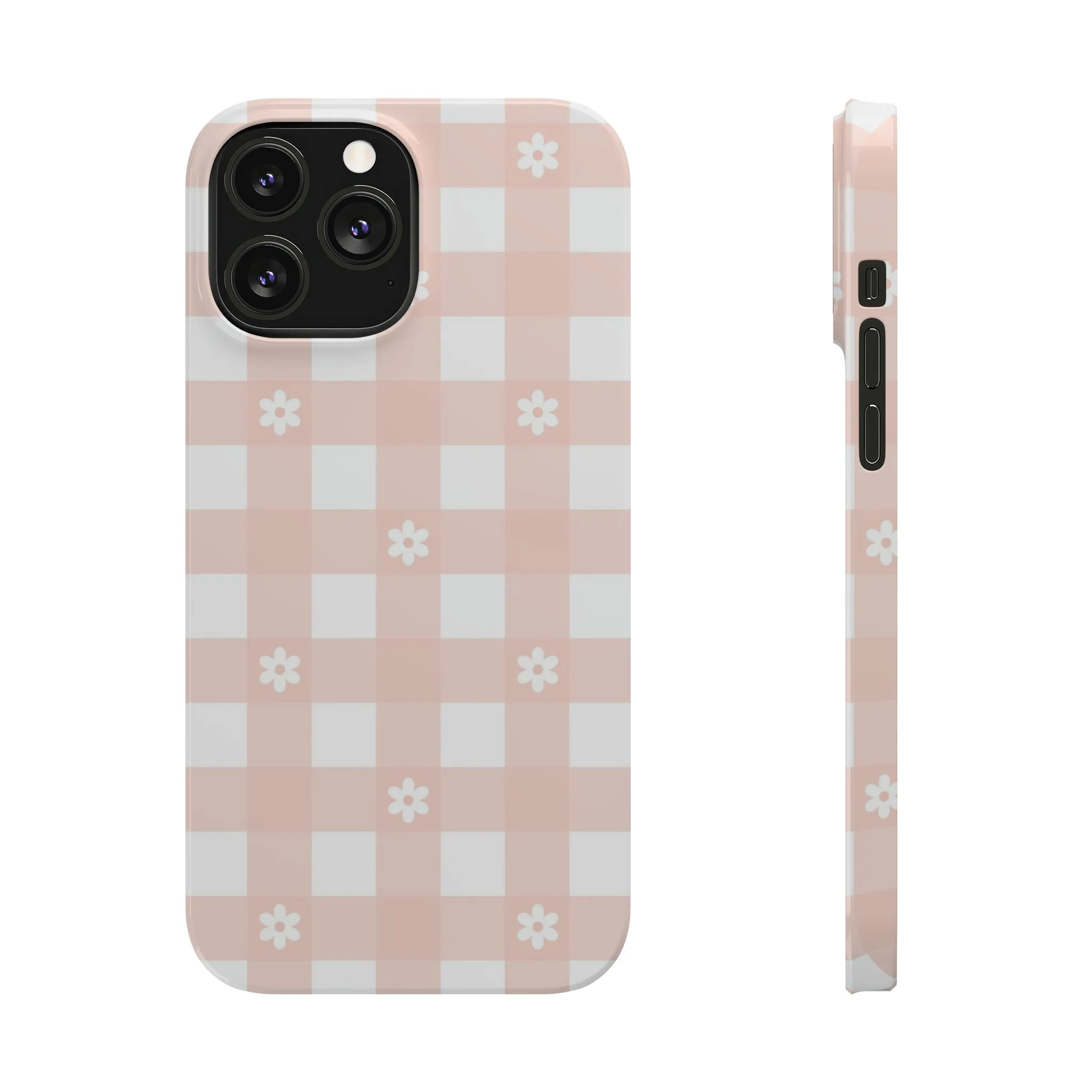 White Daisies and Pink Gingham Design Sleek Elegance Wireless-Charging Compatible Phone Case Slim Phone Case compatible with over 20 iphone models