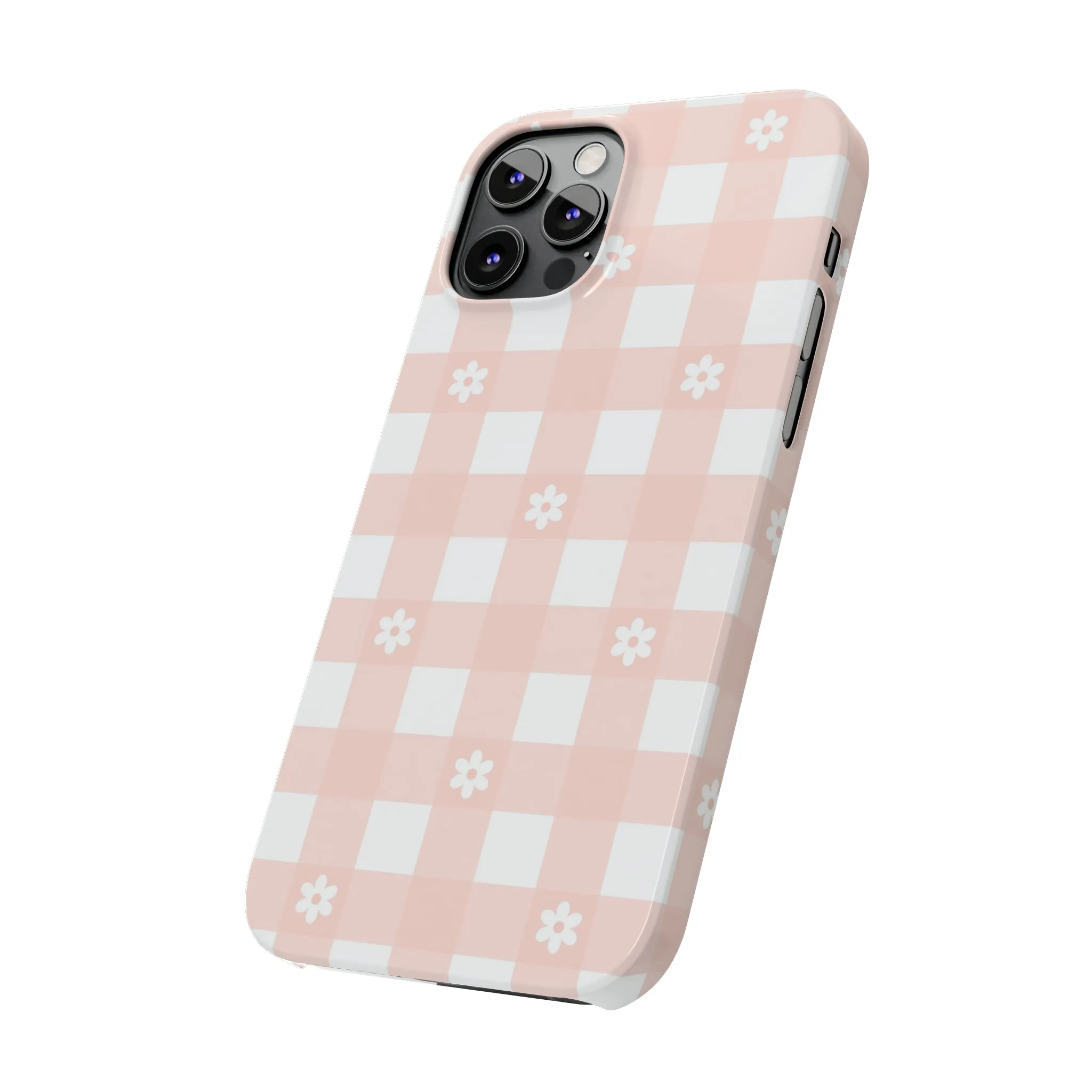 White Daisies and Pink Gingham Design Sleek Elegance Wireless-Charging Compatible Phone Case Slim Phone Case compatible with over 20 iphone models