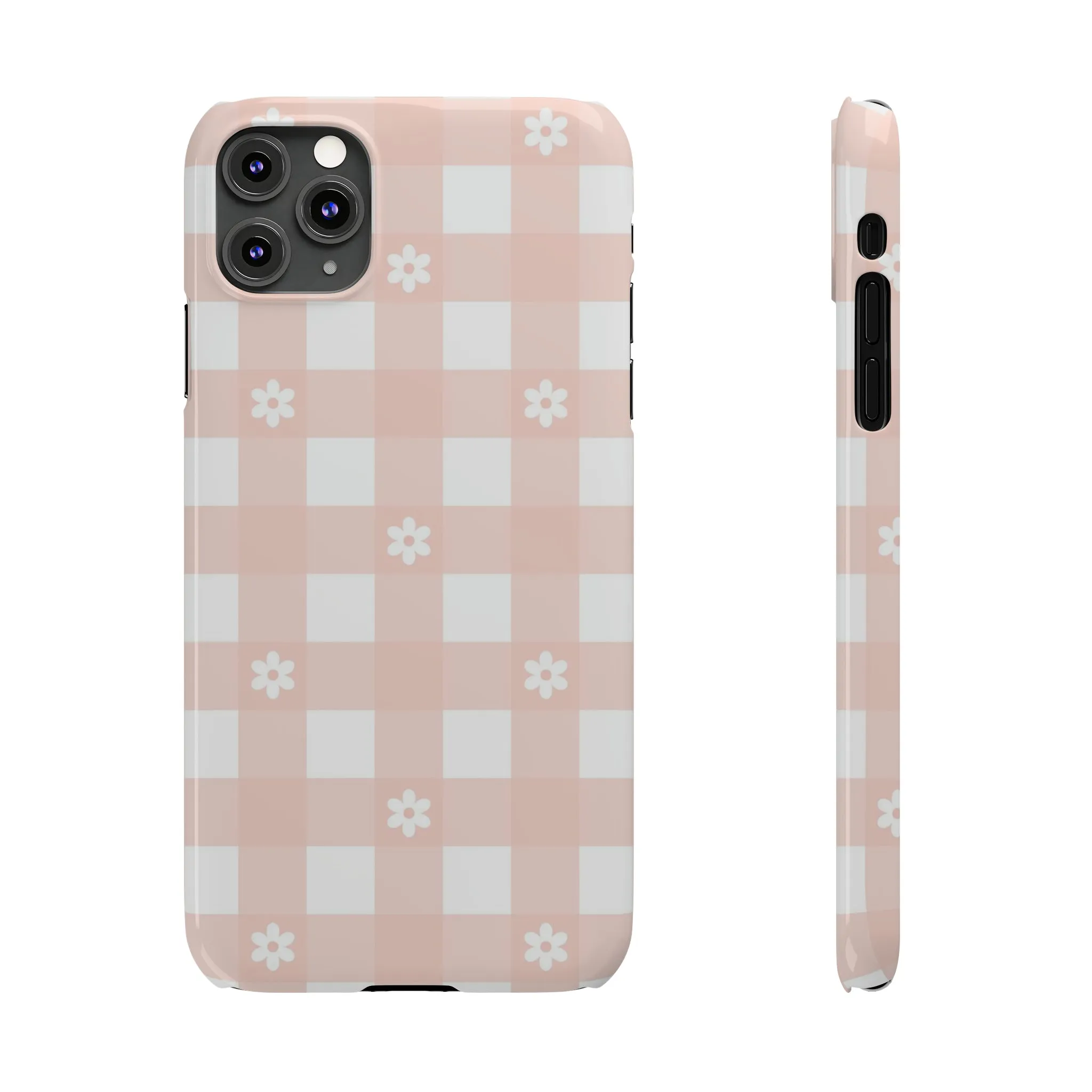 White Daisies and Pink Gingham Design Sleek Elegance Wireless-Charging Compatible Phone Case Slim Phone Case compatible with over 20 iphone models