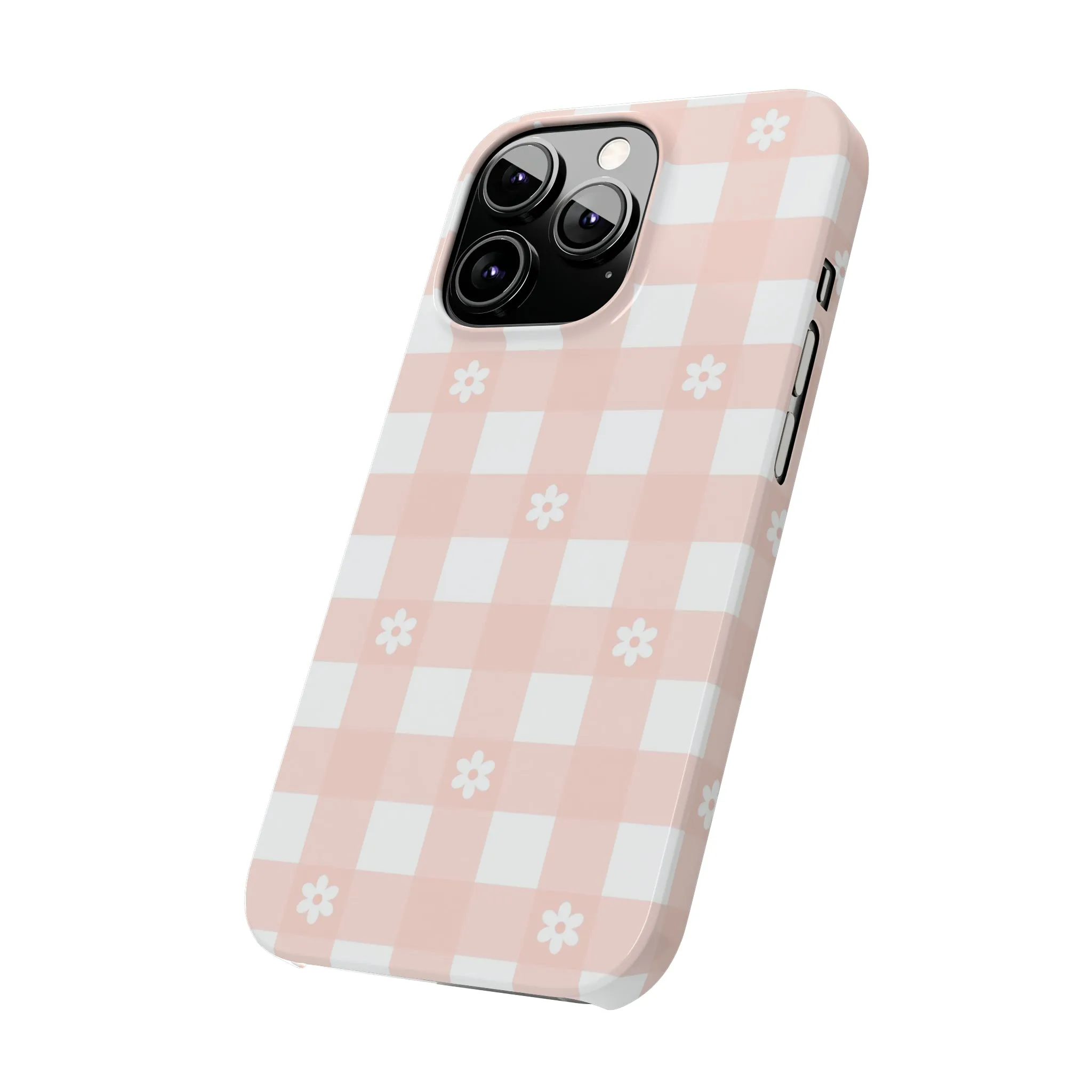 White Daisies and Pink Gingham Design Sleek Elegance Wireless-Charging Compatible Phone Case Slim Phone Case compatible with over 20 iphone models