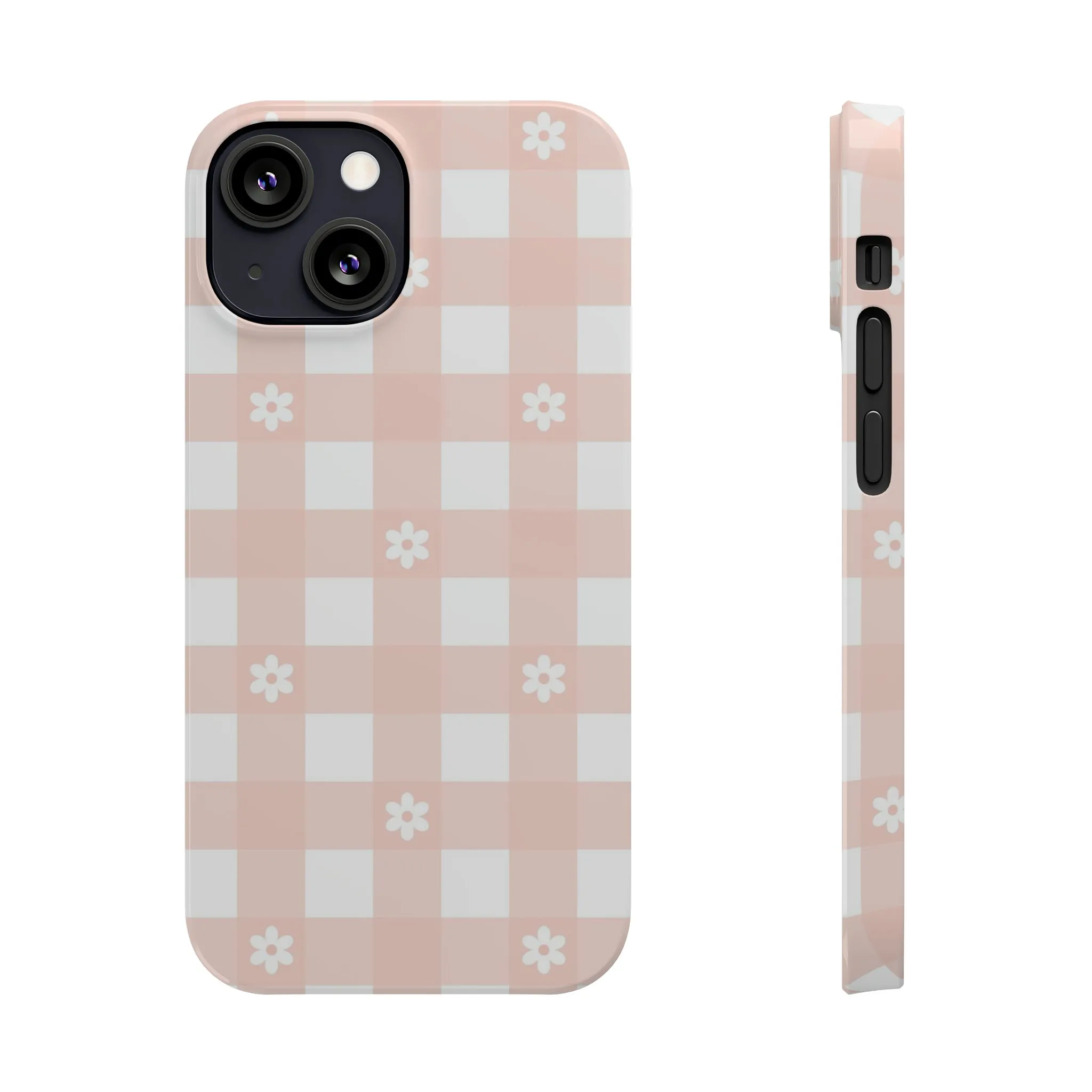 White Daisies and Pink Gingham Design Sleek Elegance Wireless-Charging Compatible Phone Case Slim Phone Case compatible with over 20 iphone models