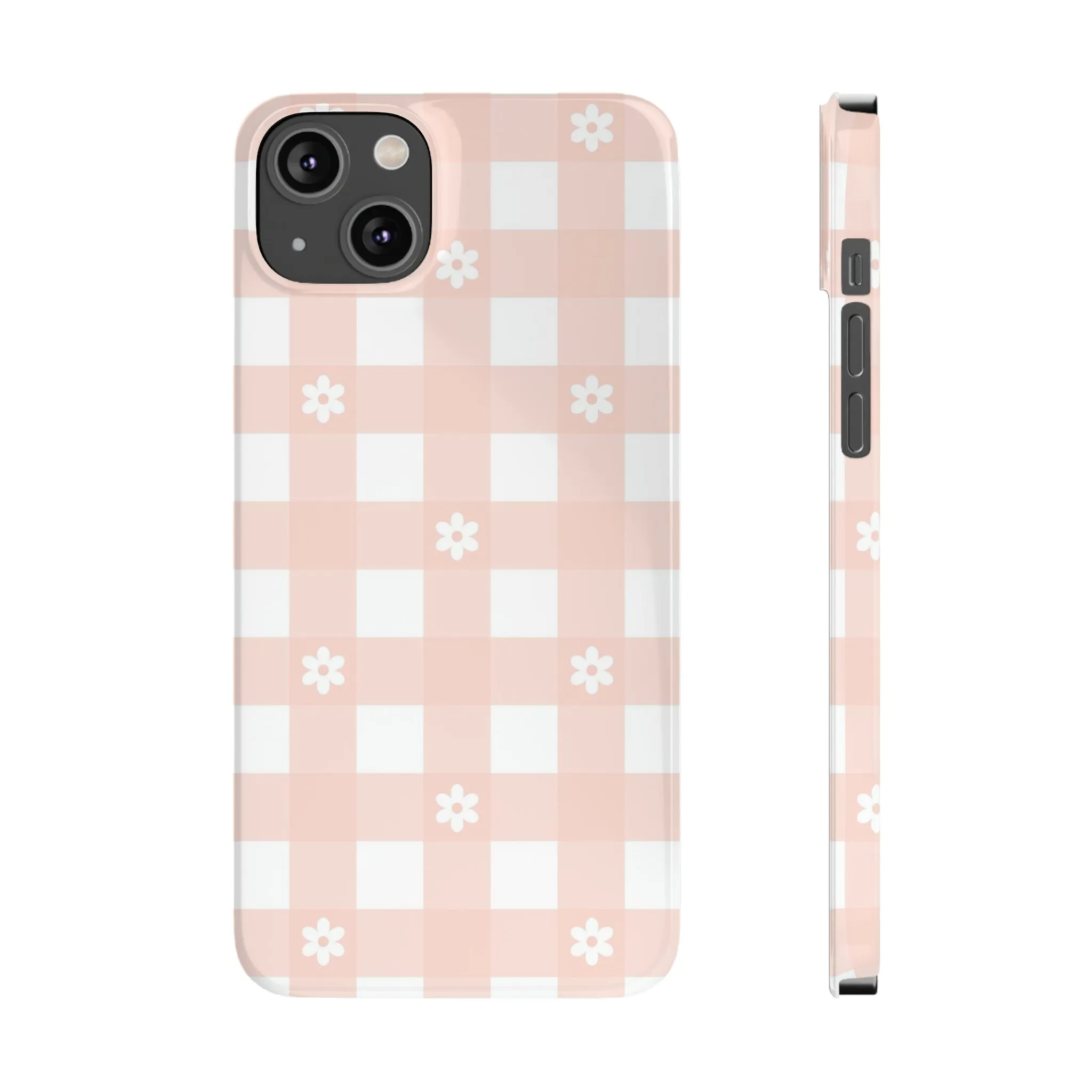 White Daisies and Pink Gingham Design Sleek Elegance Wireless-Charging Compatible Phone Case Slim Phone Case compatible with over 20 iphone models