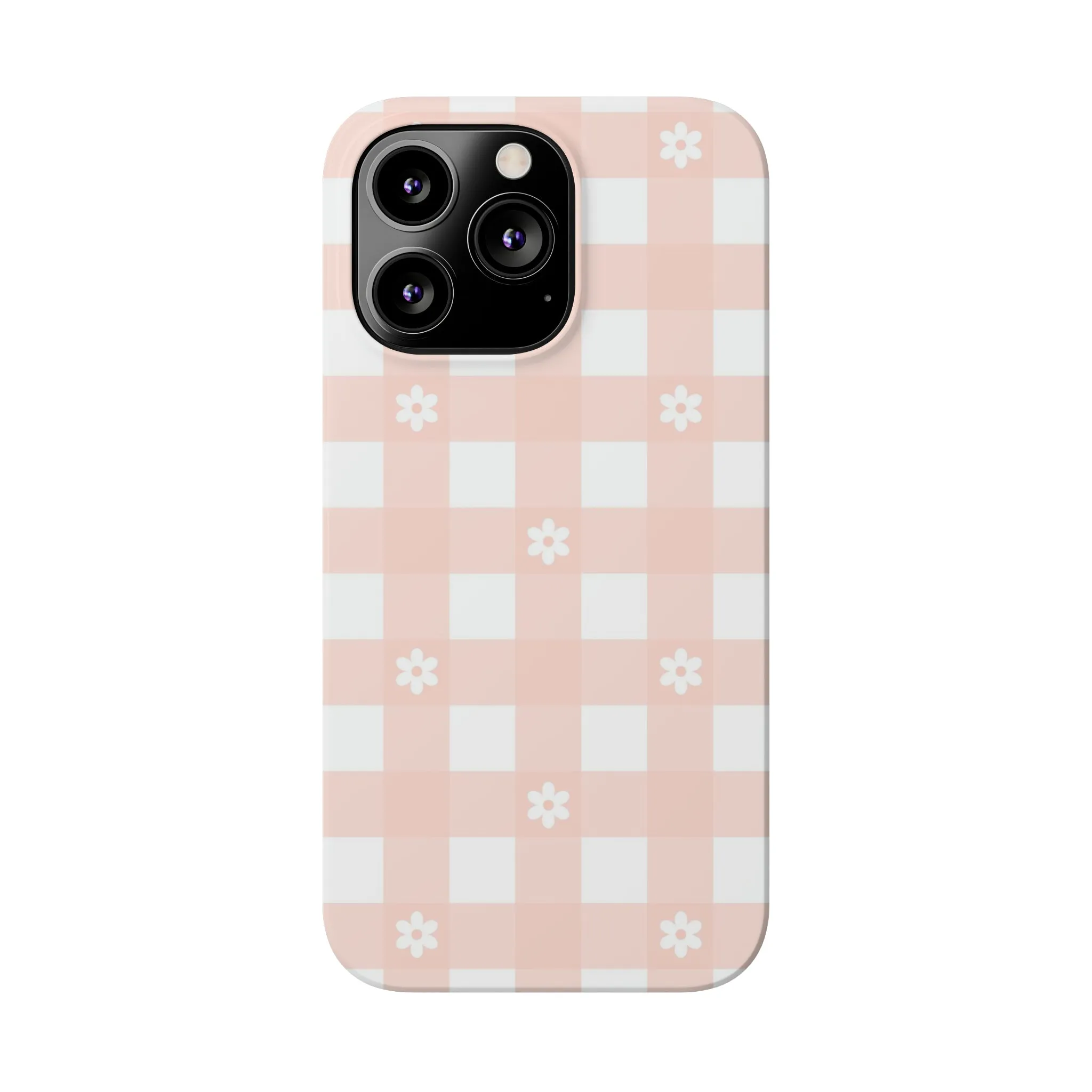 White Daisies and Pink Gingham Design Sleek Elegance Wireless-Charging Compatible Phone Case Slim Phone Case compatible with over 20 iphone models