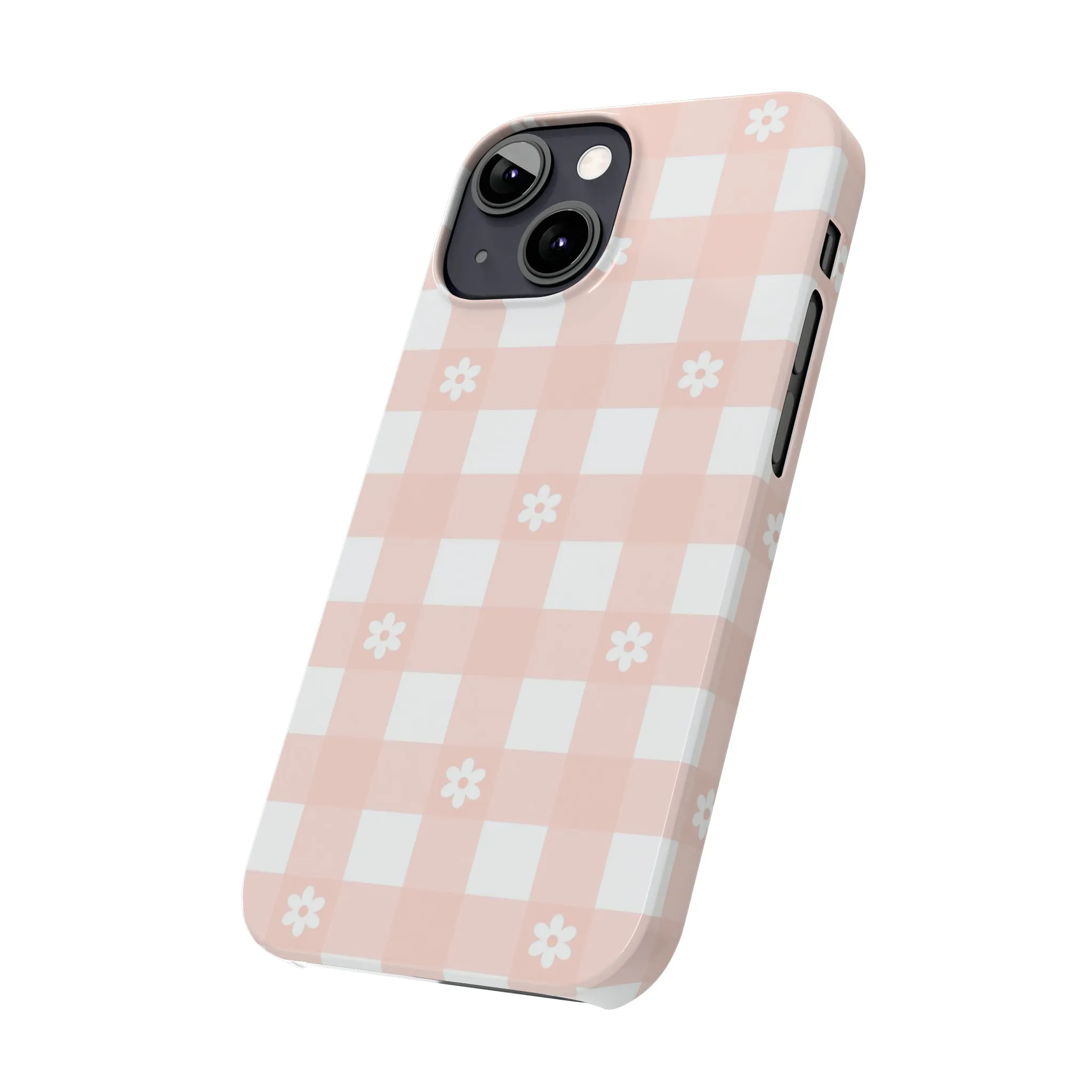 White Daisies and Pink Gingham Design Sleek Elegance Wireless-Charging Compatible Phone Case Slim Phone Case compatible with over 20 iphone models