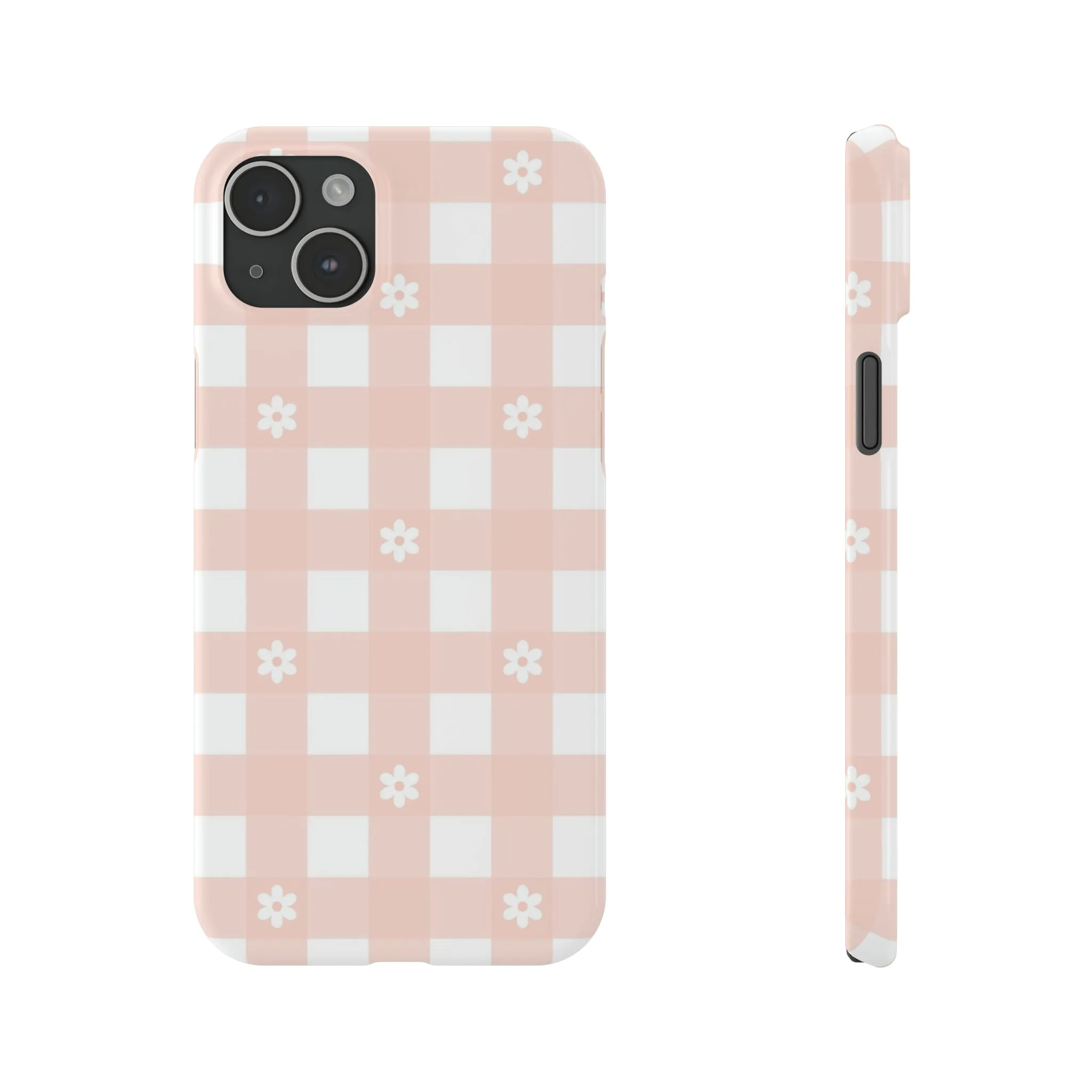 White Daisies and Pink Gingham Design Sleek Elegance Wireless-Charging Compatible Phone Case Slim Phone Case compatible with over 20 iphone models