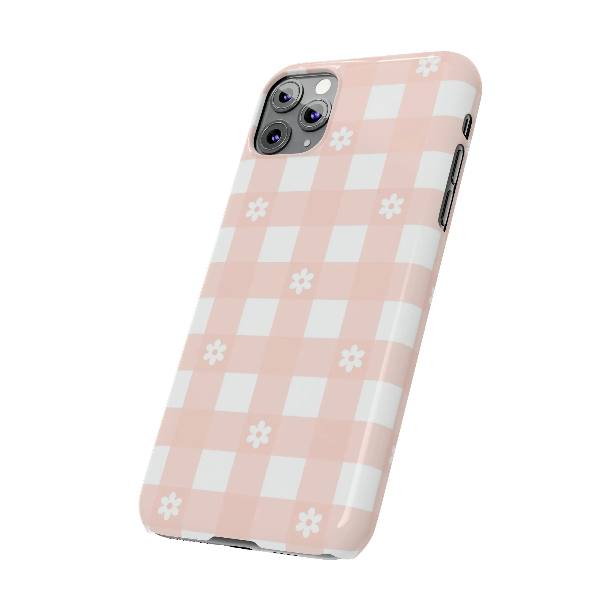 White Daisies and Pink Gingham Design Sleek Elegance Wireless-Charging Compatible Phone Case Slim Phone Case compatible with over 20 iphone models