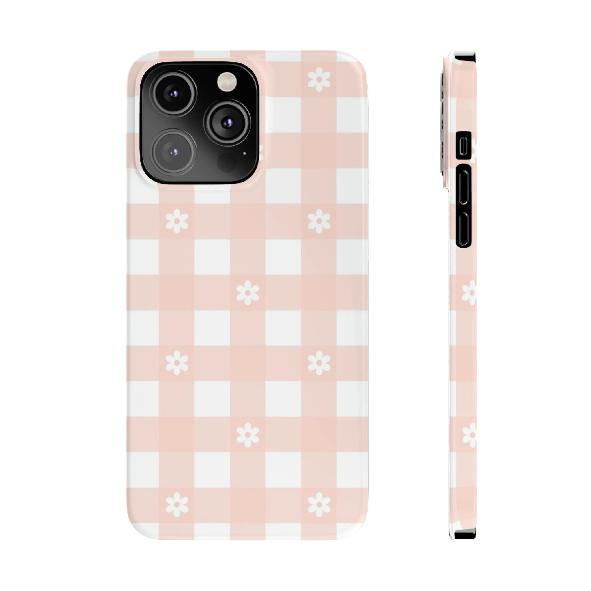 White Daisies and Pink Gingham Design Sleek Elegance Wireless-Charging Compatible Phone Case Slim Phone Case compatible with over 20 iphone models