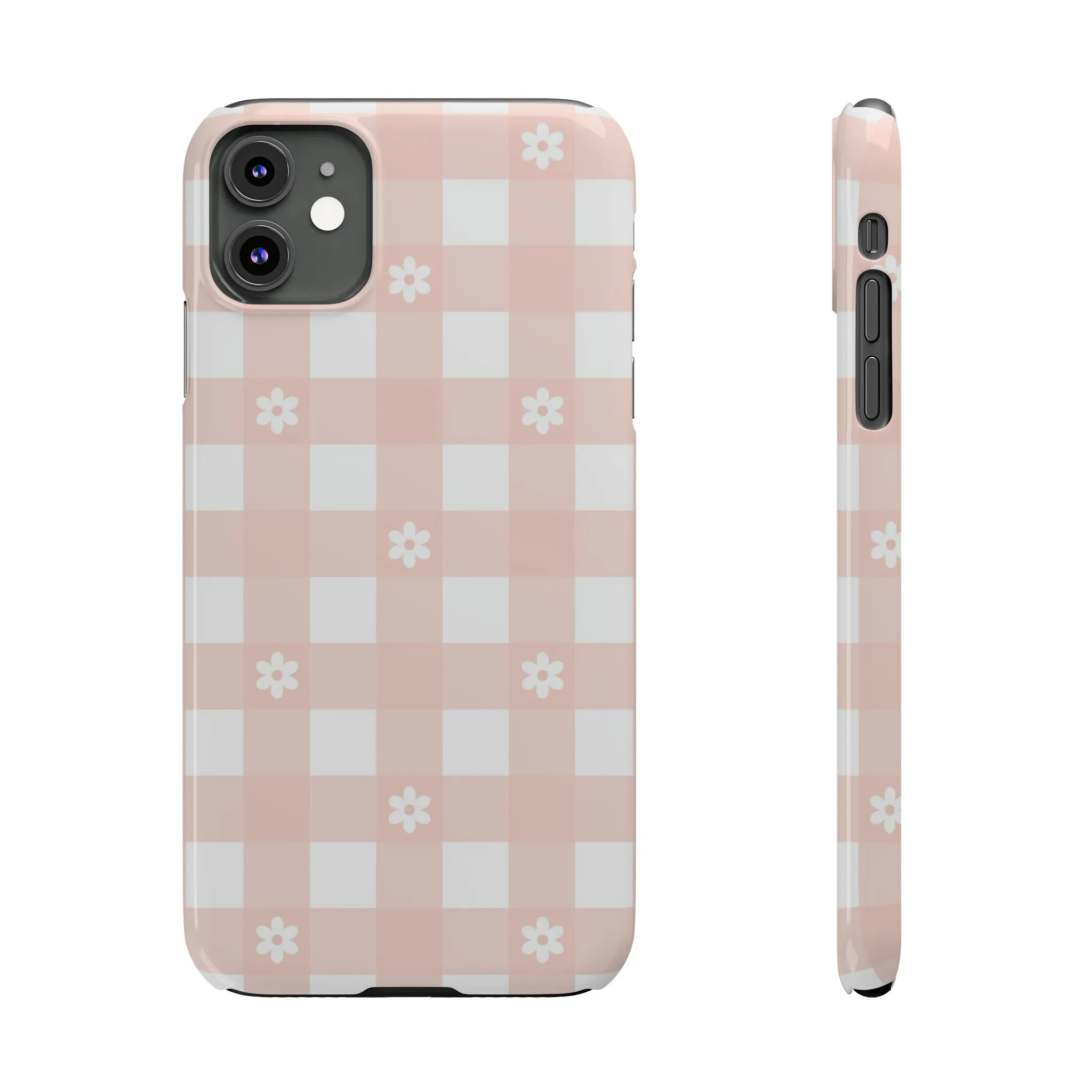 White Daisies and Pink Gingham Design Sleek Elegance Wireless-Charging Compatible Phone Case Slim Phone Case compatible with over 20 iphone models