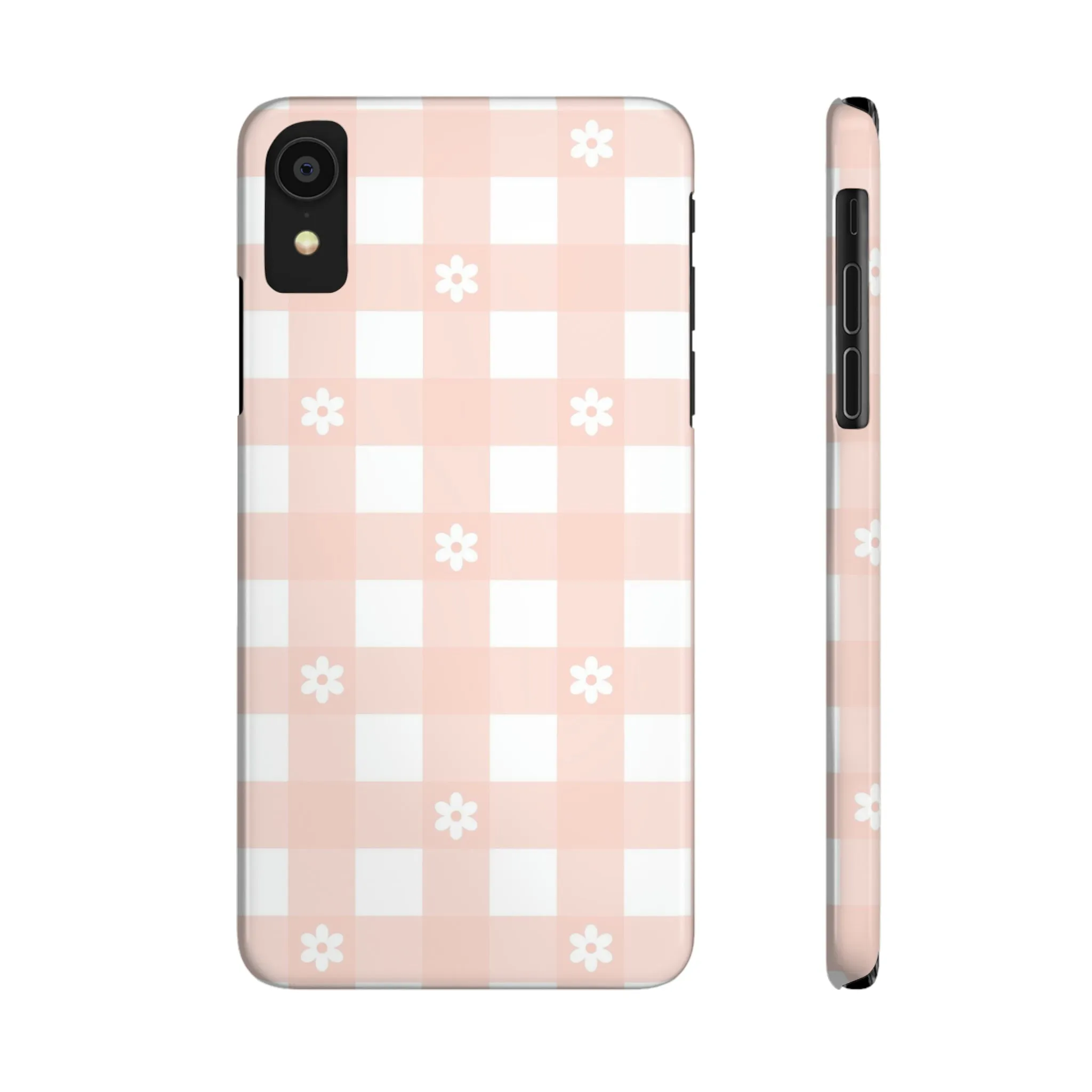 White Daisies and Pink Gingham Design Sleek Elegance Wireless-Charging Compatible Phone Case Slim Phone Case compatible with over 20 iphone models