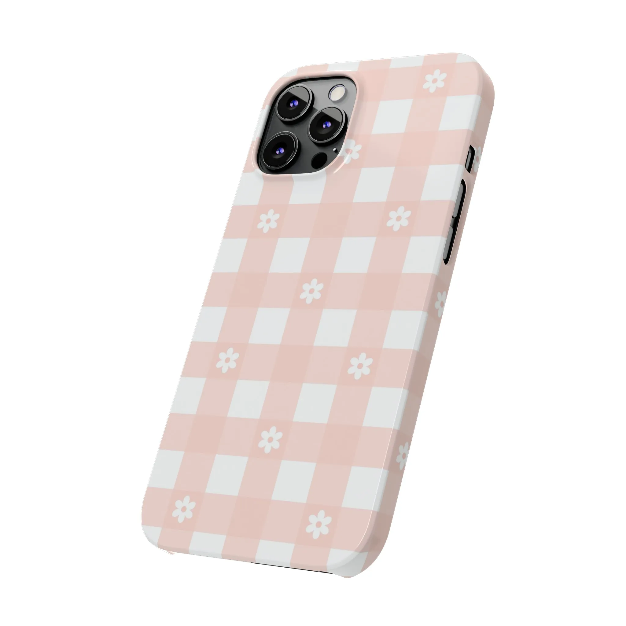 White Daisies and Pink Gingham Design Sleek Elegance Wireless-Charging Compatible Phone Case Slim Phone Case compatible with over 20 iphone models