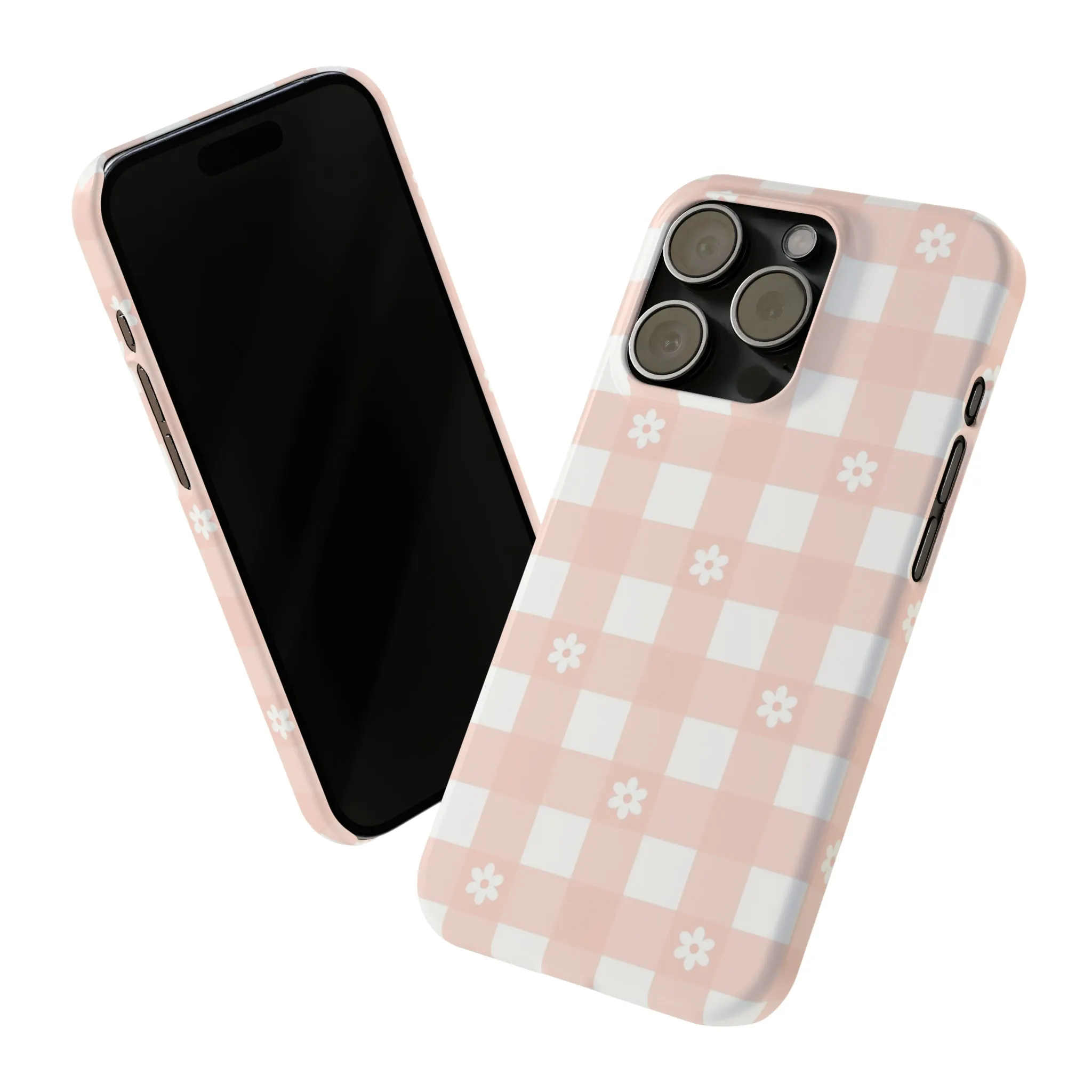 White Daisies and Pink Gingham Design Sleek Elegance Wireless-Charging Compatible Phone Case Slim Phone Case compatible with over 20 iphone models