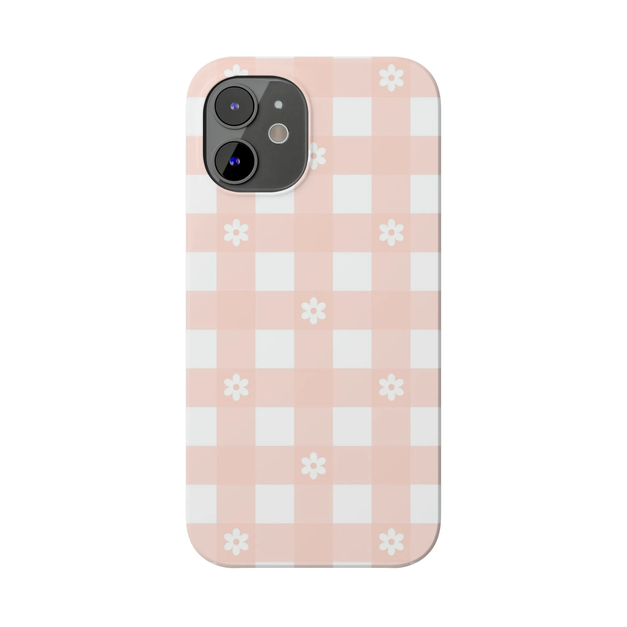 White Daisies and Pink Gingham Design Sleek Elegance Wireless-Charging Compatible Phone Case Slim Phone Case compatible with over 20 iphone models