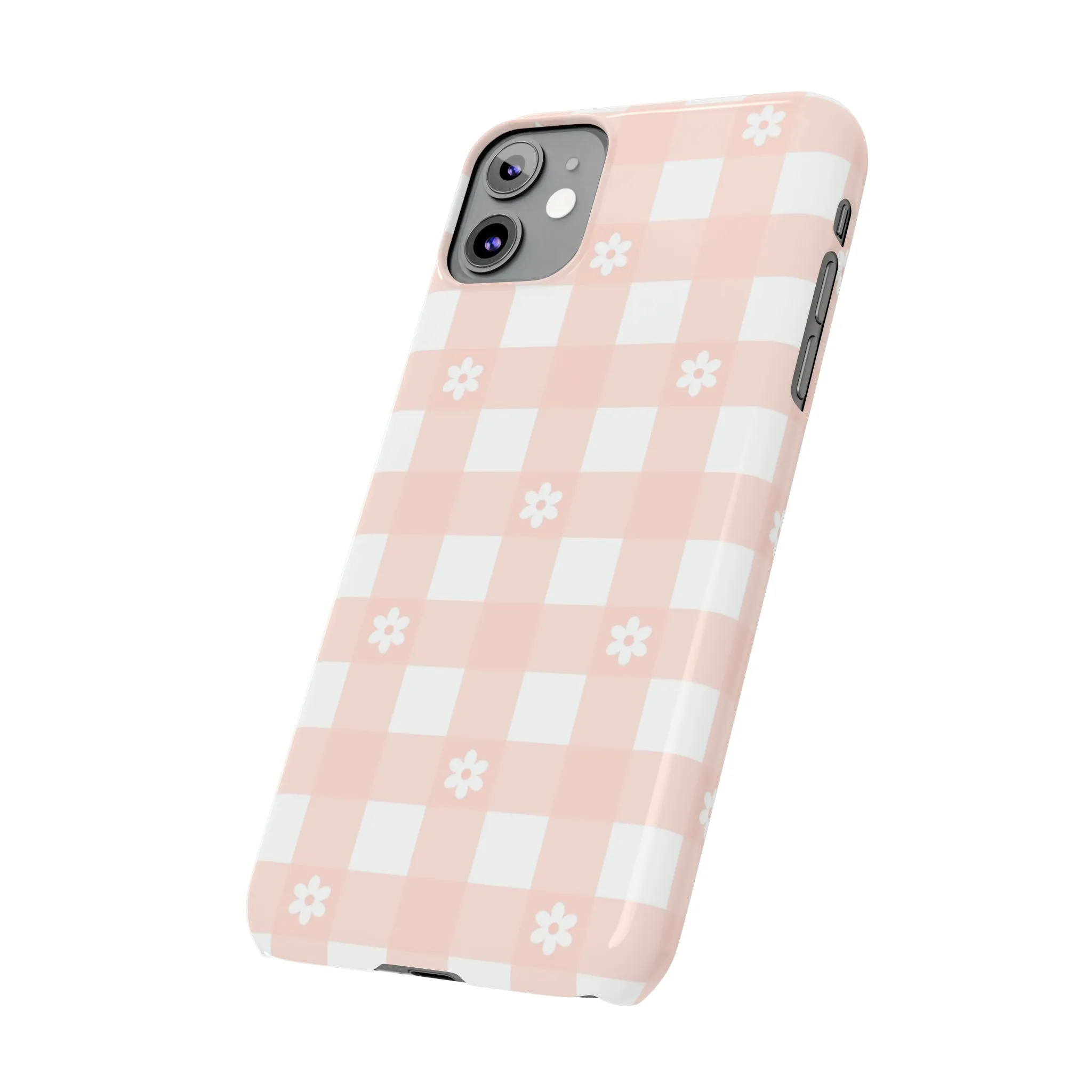 White Daisies and Pink Gingham Design Sleek Elegance Wireless-Charging Compatible Phone Case Slim Phone Case compatible with over 20 iphone models