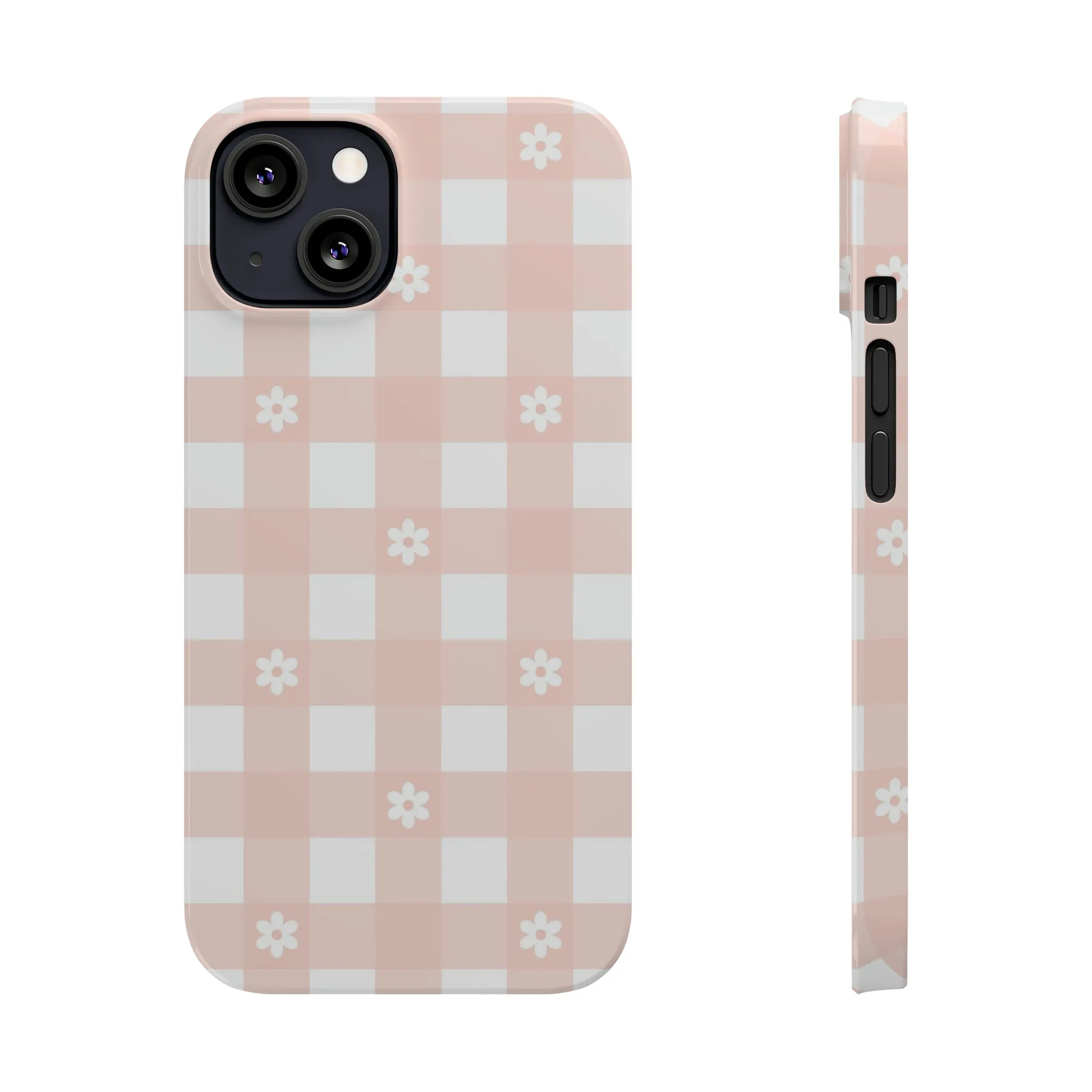 White Daisies and Pink Gingham Design Sleek Elegance Wireless-Charging Compatible Phone Case Slim Phone Case compatible with over 20 iphone models