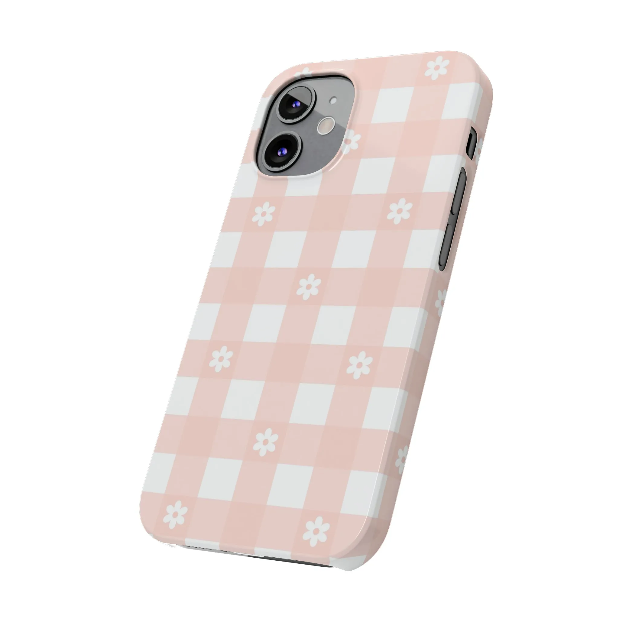 White Daisies and Pink Gingham Design Sleek Elegance Wireless-Charging Compatible Phone Case Slim Phone Case compatible with over 20 iphone models