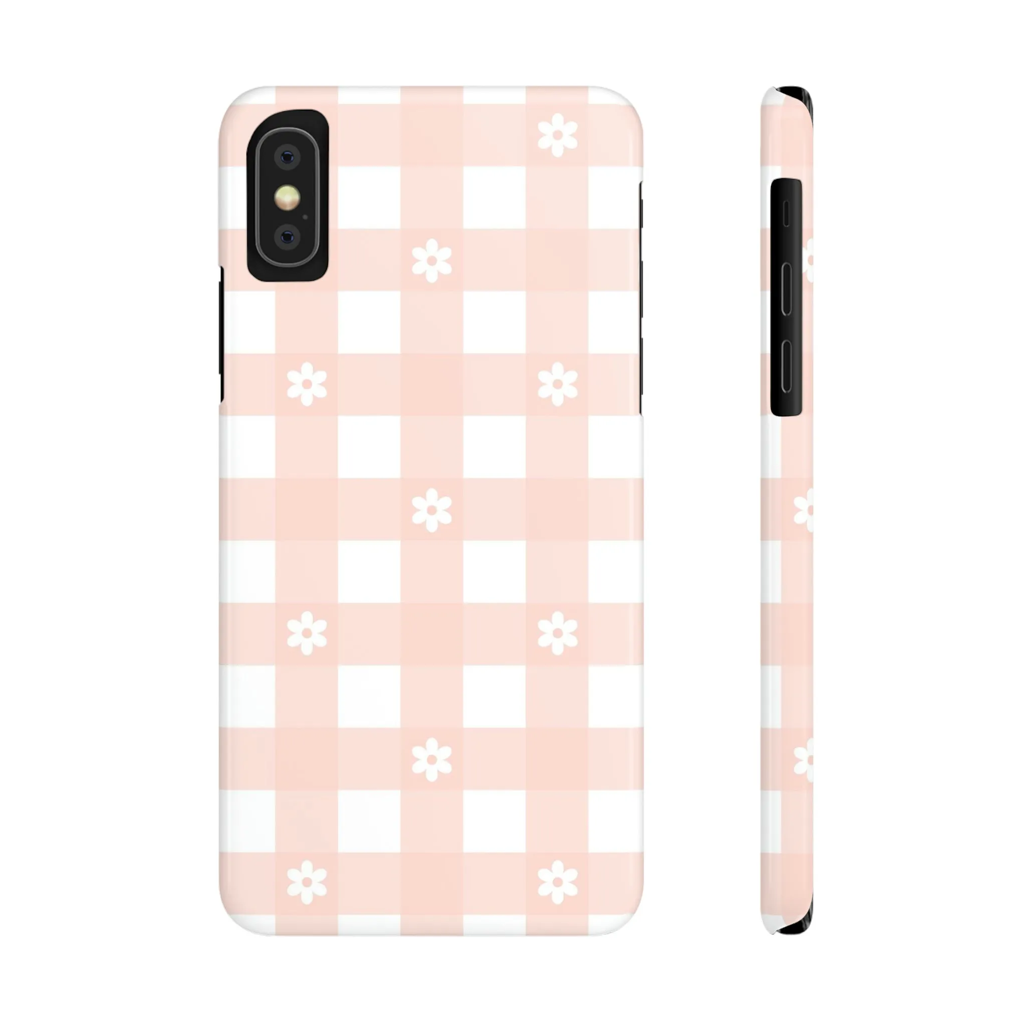 White Daisies and Pink Gingham Design Sleek Elegance Wireless-Charging Compatible Phone Case Slim Phone Case compatible with over 20 iphone models