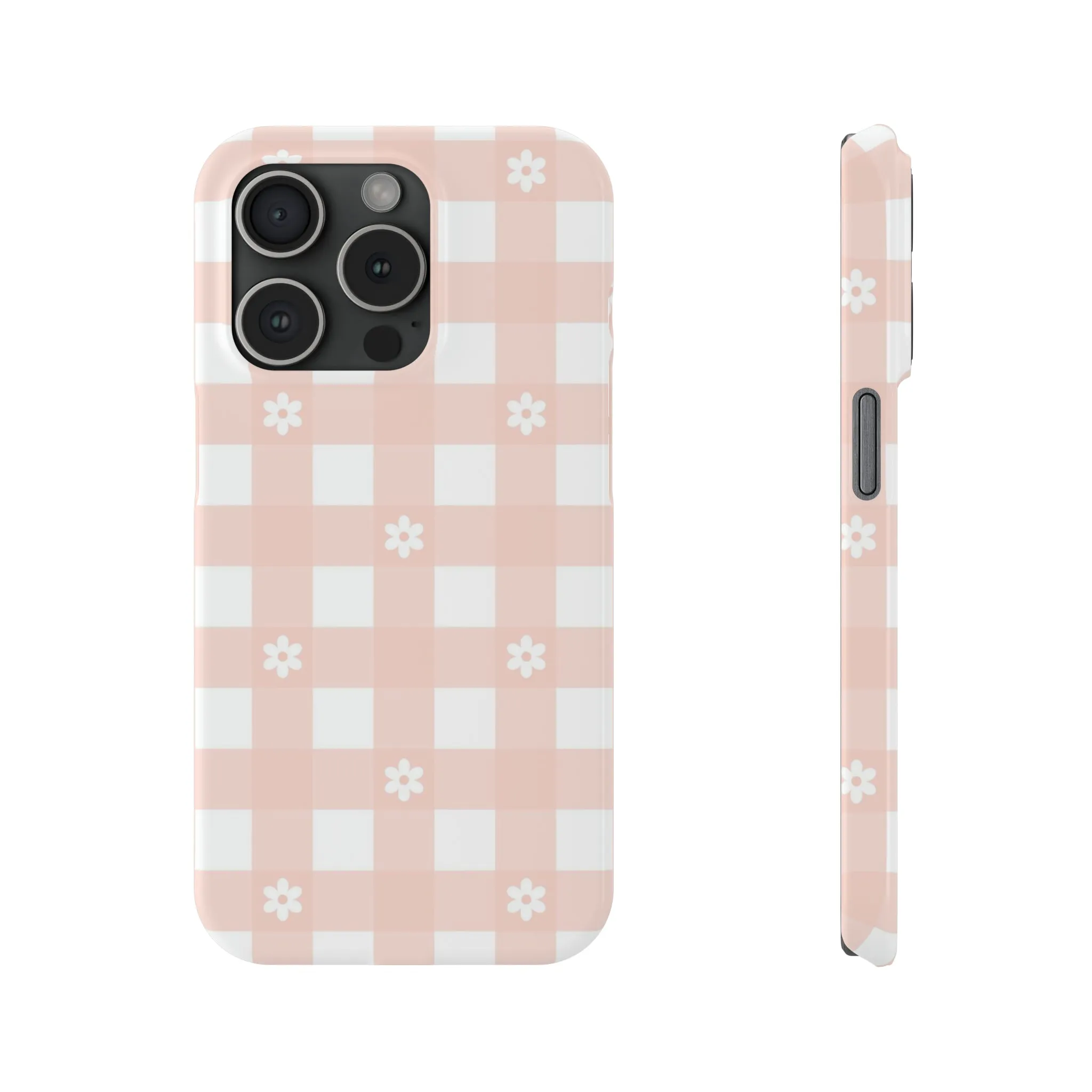 White Daisies and Pink Gingham Design Sleek Elegance Wireless-Charging Compatible Phone Case Slim Phone Case compatible with over 20 iphone models