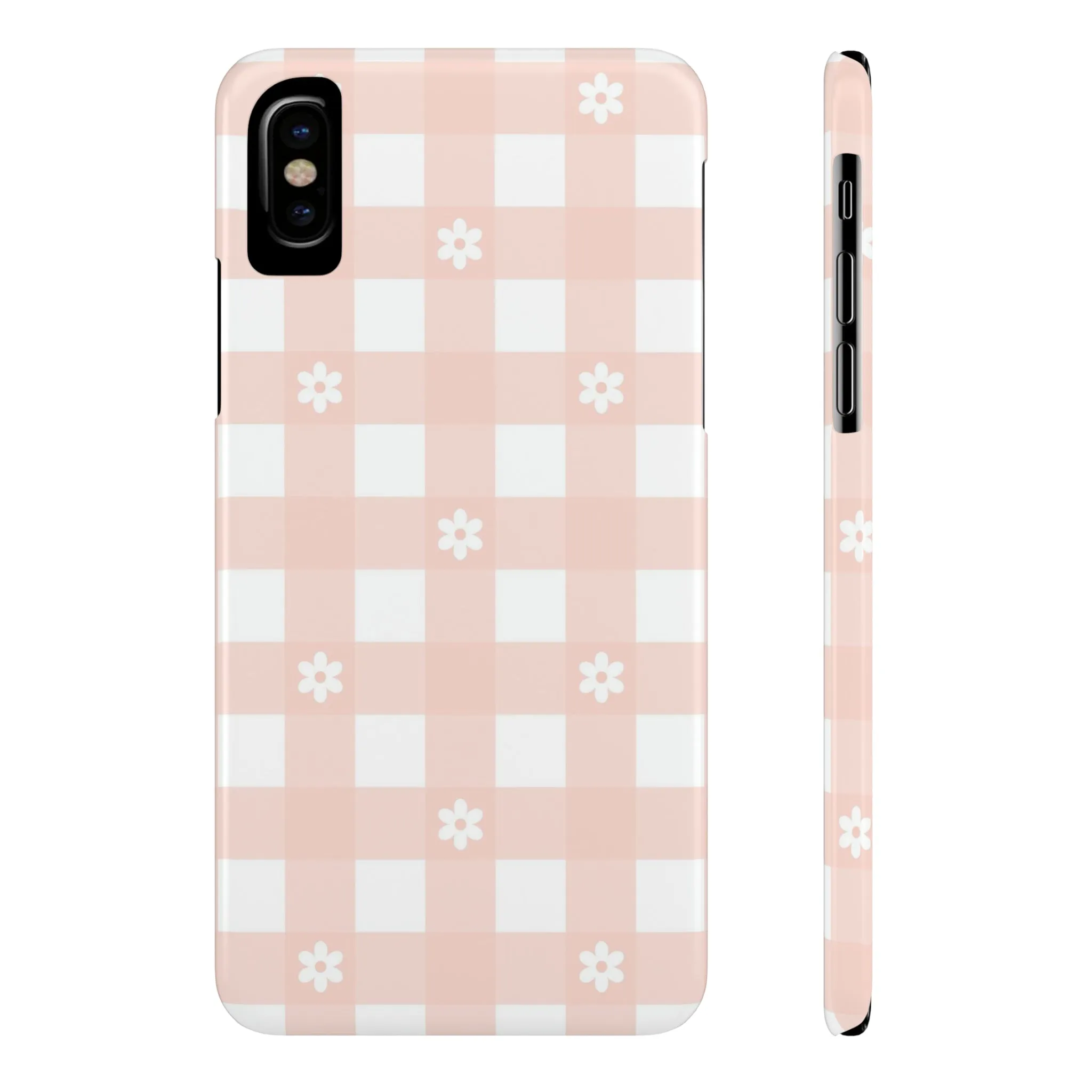 White Daisies and Pink Gingham Design Sleek Elegance Wireless-Charging Compatible Phone Case Slim Phone Case compatible with over 20 iphone models