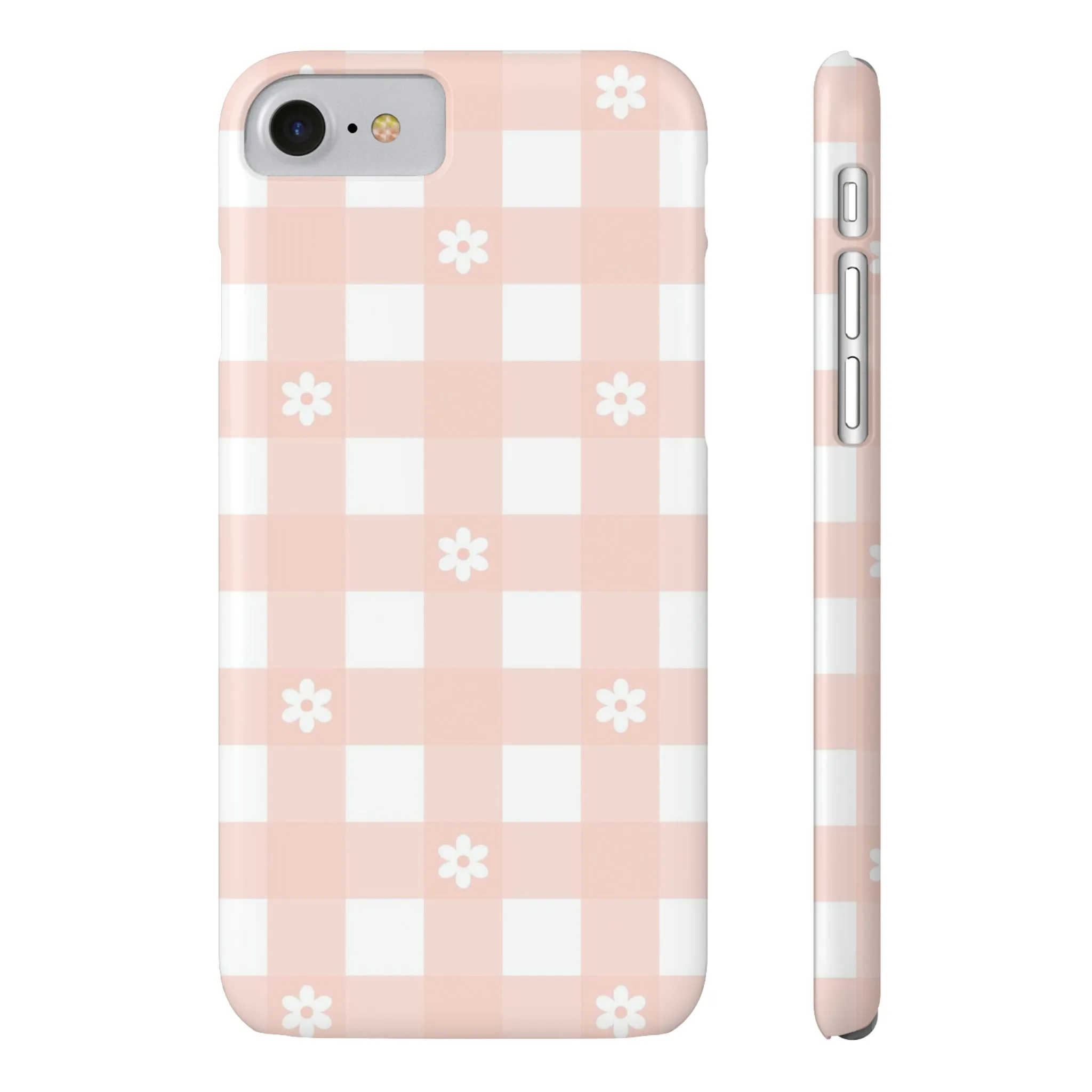 White Daisies and Pink Gingham Design Sleek Elegance Wireless-Charging Compatible Phone Case Slim Phone Case compatible with over 20 iphone models