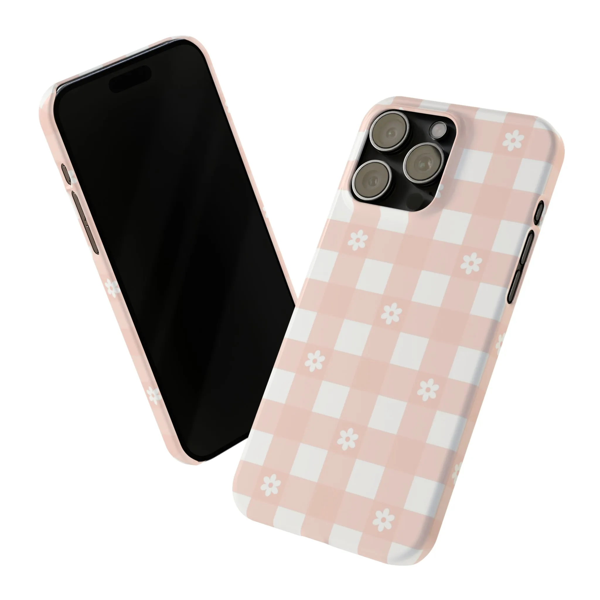 White Daisies and Pink Gingham Design Sleek Elegance Wireless-Charging Compatible Phone Case Slim Phone Case compatible with over 20 iphone models