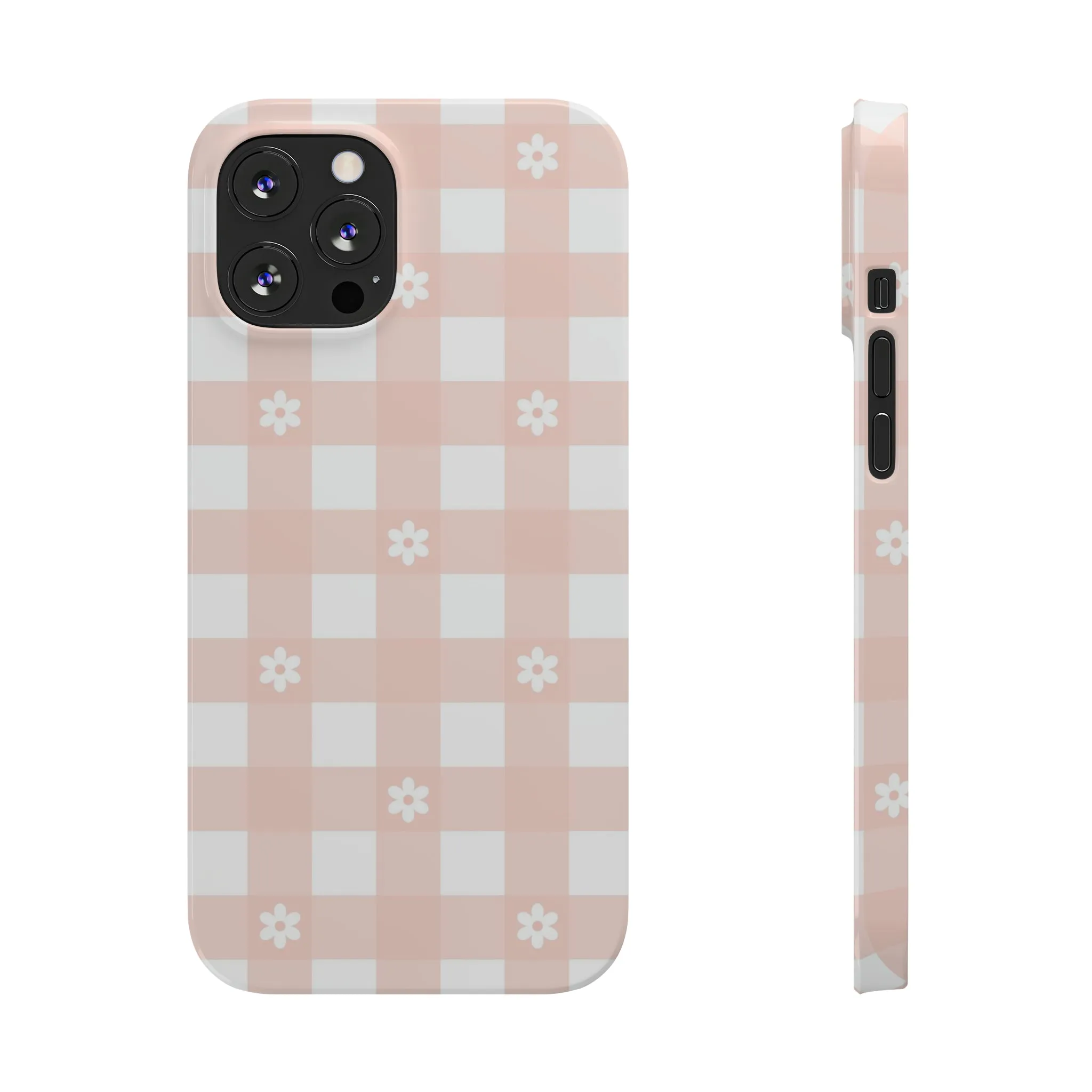 White Daisies and Pink Gingham Design Sleek Elegance Wireless-Charging Compatible Phone Case Slim Phone Case compatible with over 20 iphone models