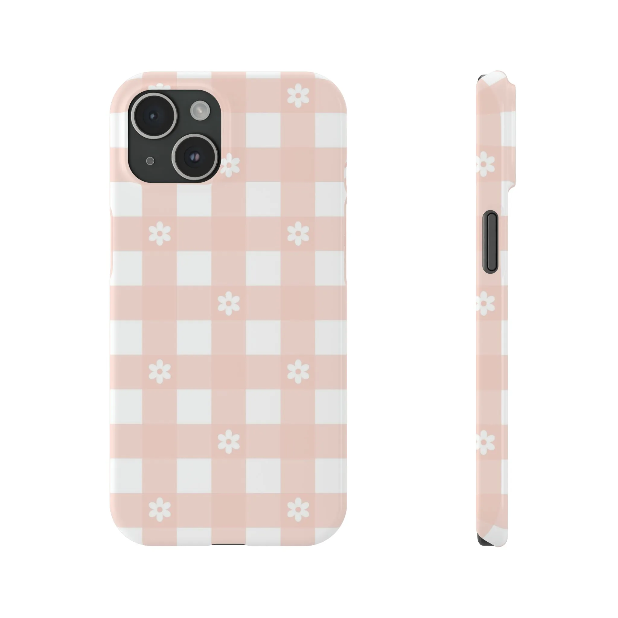 White Daisies and Pink Gingham Design Sleek Elegance Wireless-Charging Compatible Phone Case Slim Phone Case compatible with over 20 iphone models