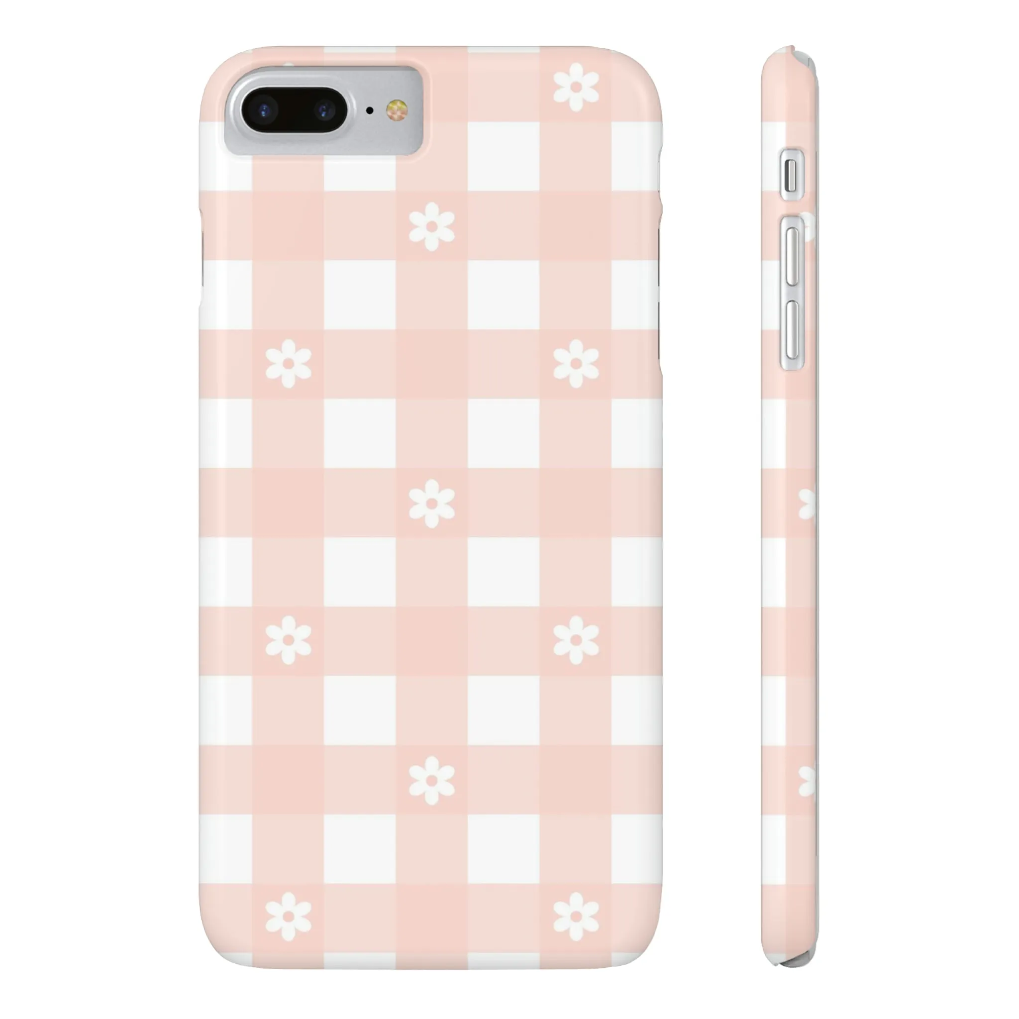 White Daisies and Pink Gingham Design Sleek Elegance Wireless-Charging Compatible Phone Case Slim Phone Case compatible with over 20 iphone models