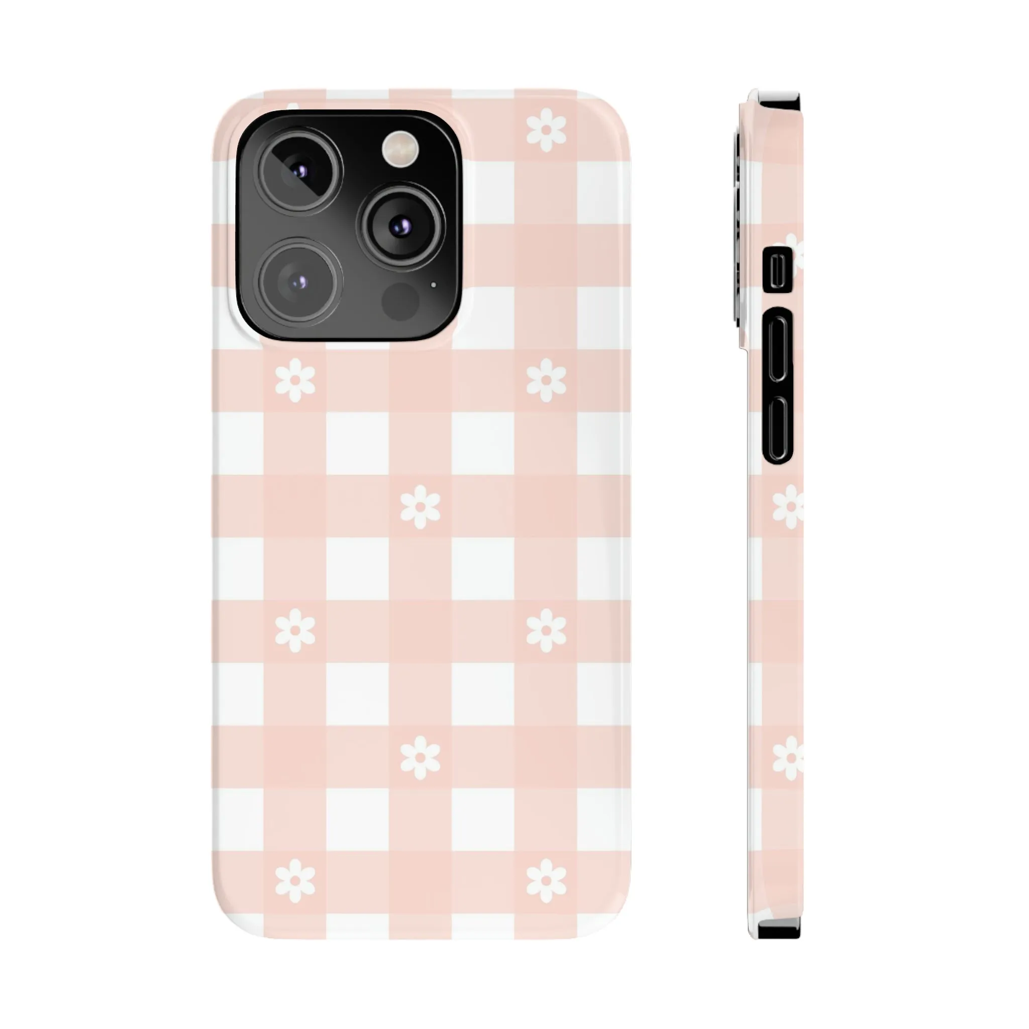 White Daisies and Pink Gingham Design Sleek Elegance Wireless-Charging Compatible Phone Case Slim Phone Case compatible with over 20 iphone models