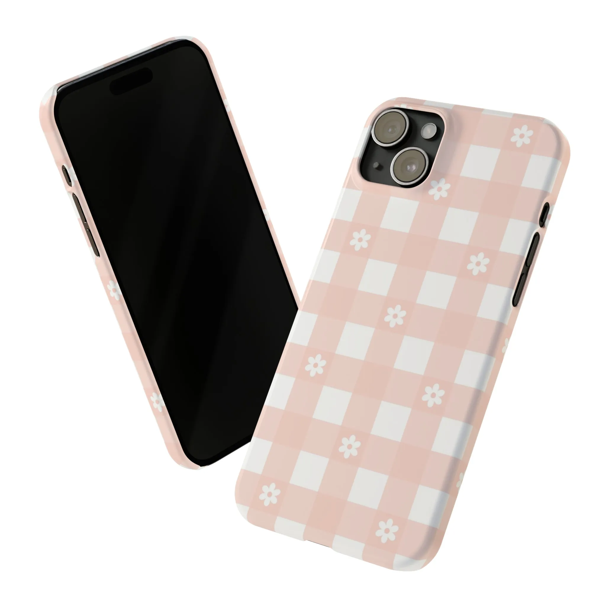 White Daisies and Pink Gingham Design Sleek Elegance Wireless-Charging Compatible Phone Case Slim Phone Case compatible with over 20 iphone models