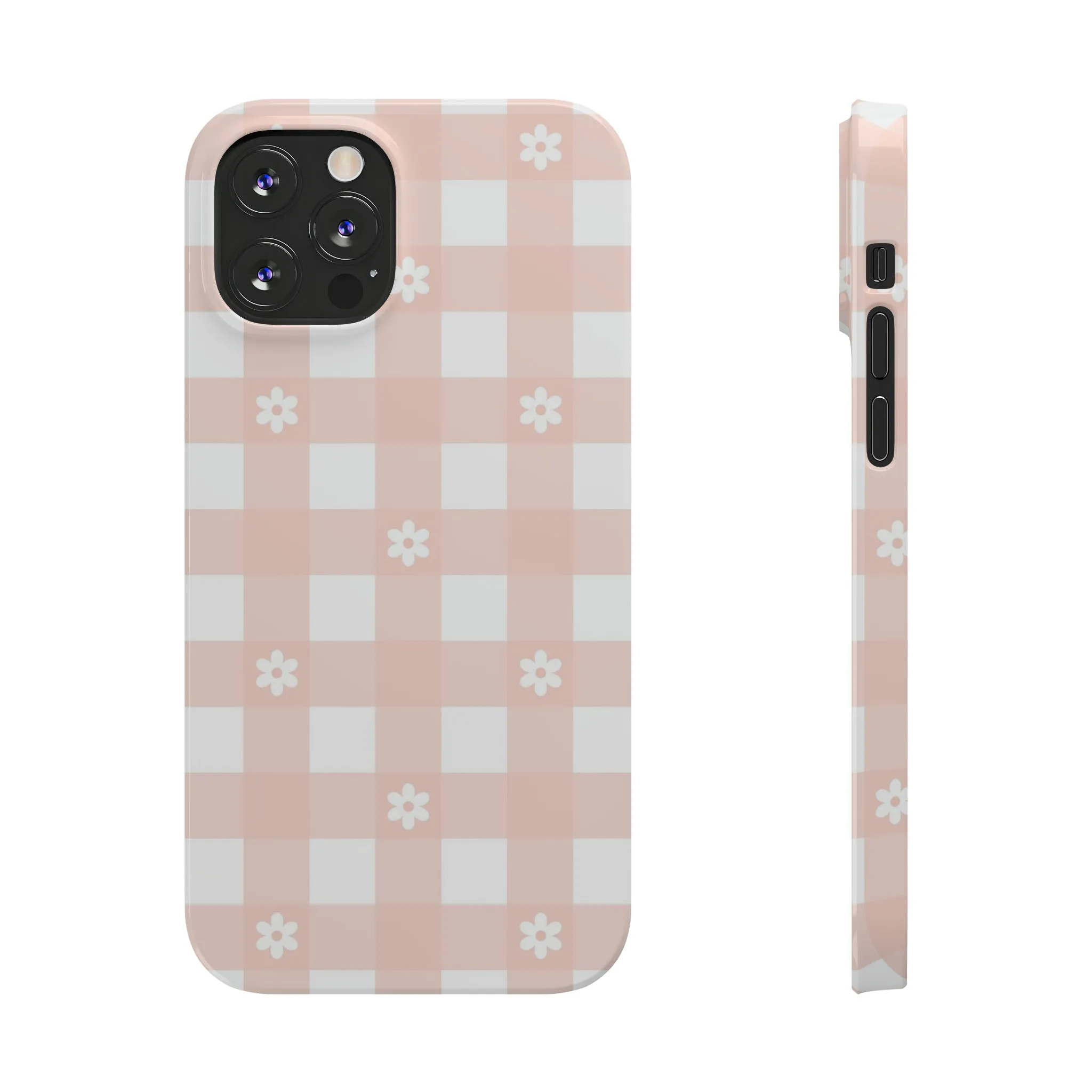 White Daisies and Pink Gingham Design Sleek Elegance Wireless-Charging Compatible Phone Case Slim Phone Case compatible with over 20 iphone models