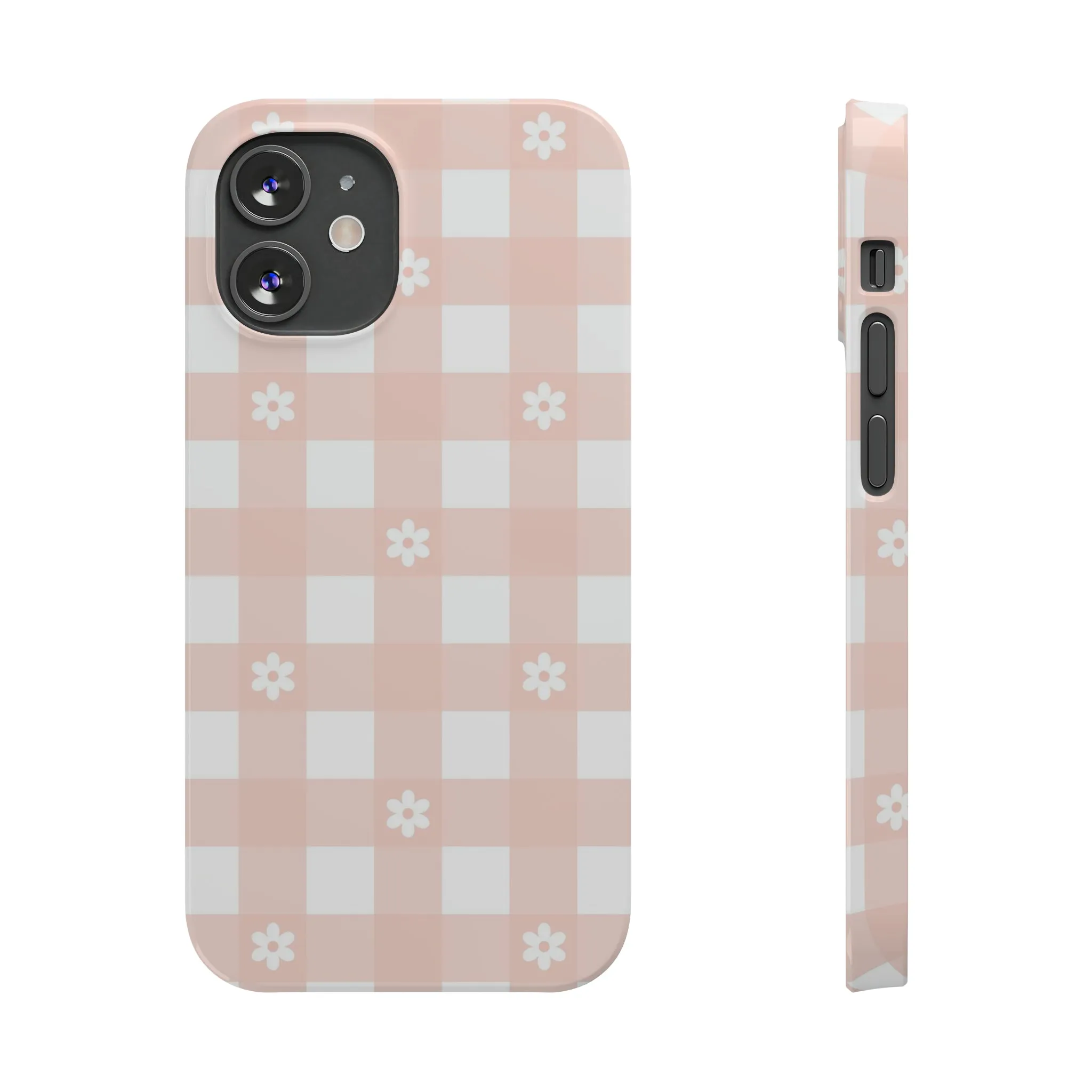 White Daisies and Pink Gingham Design Sleek Elegance Wireless-Charging Compatible Phone Case Slim Phone Case compatible with over 20 iphone models