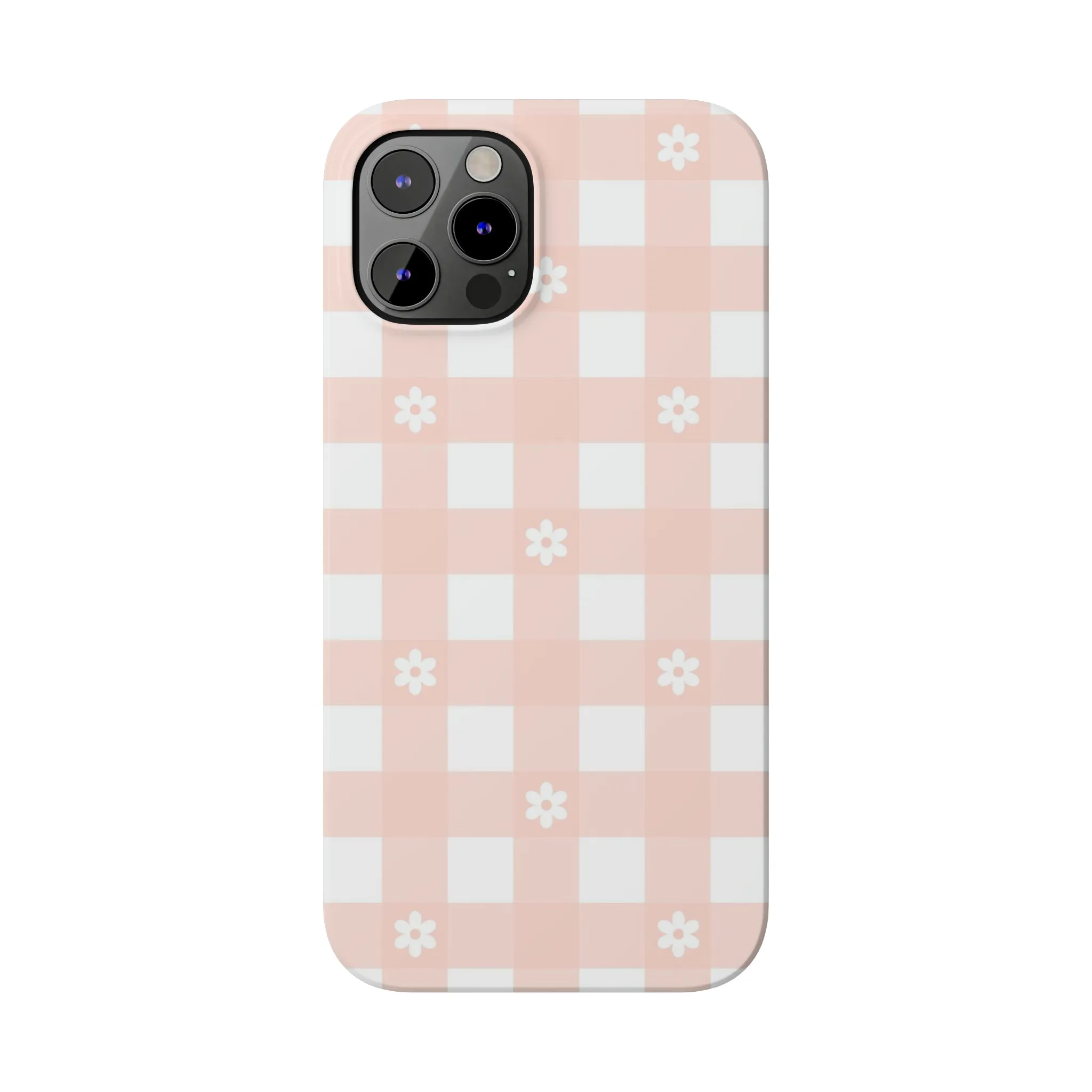 White Daisies and Pink Gingham Design Sleek Elegance Wireless-Charging Compatible Phone Case Slim Phone Case compatible with over 20 iphone models