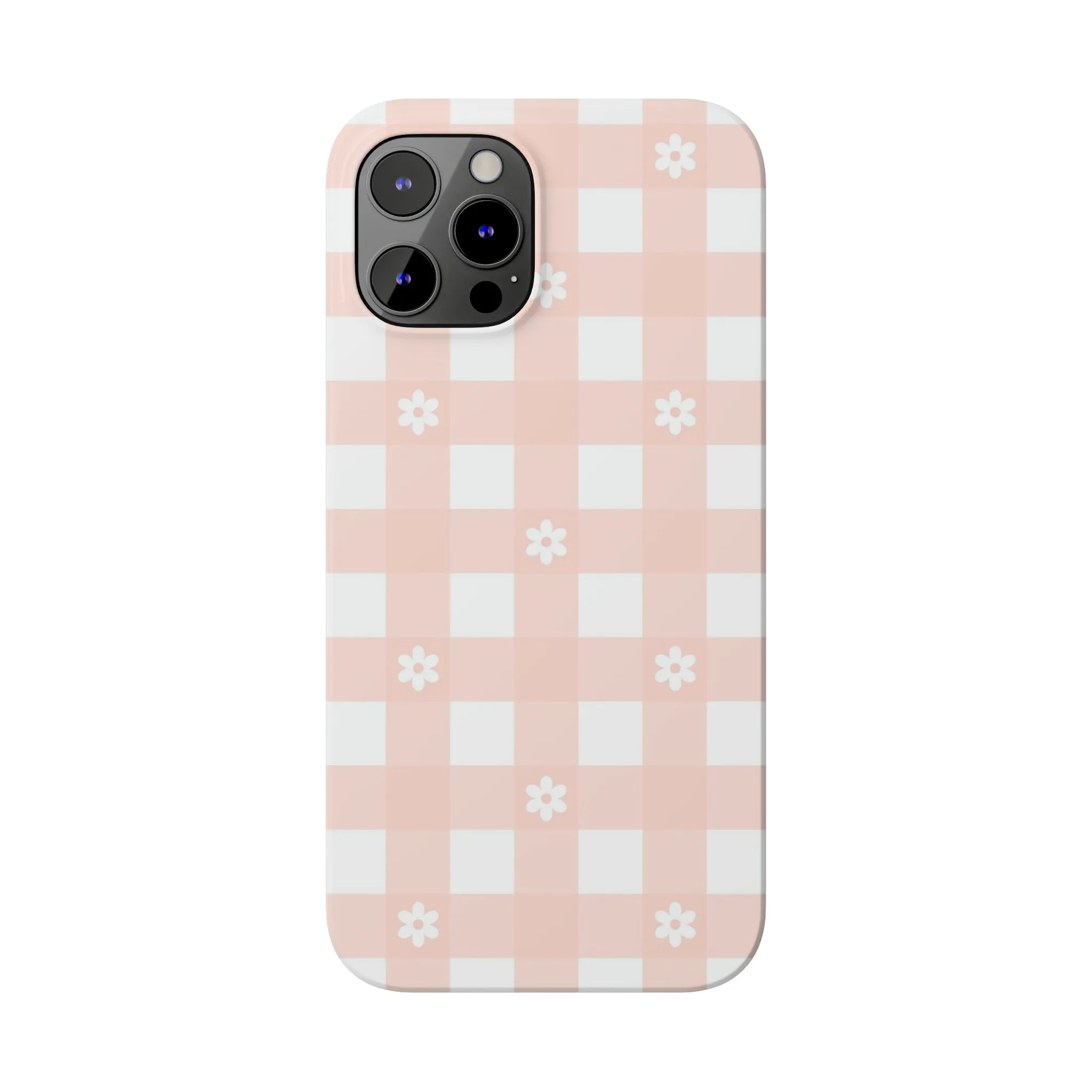 White Daisies and Pink Gingham Design Sleek Elegance Wireless-Charging Compatible Phone Case Slim Phone Case compatible with over 20 iphone models