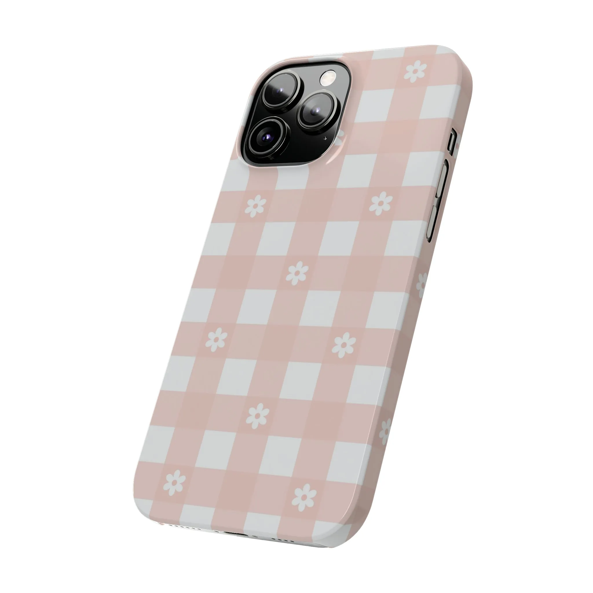 White Daisies and Pink Gingham Design Sleek Elegance Wireless-Charging Compatible Phone Case Slim Phone Case compatible with over 20 iphone models