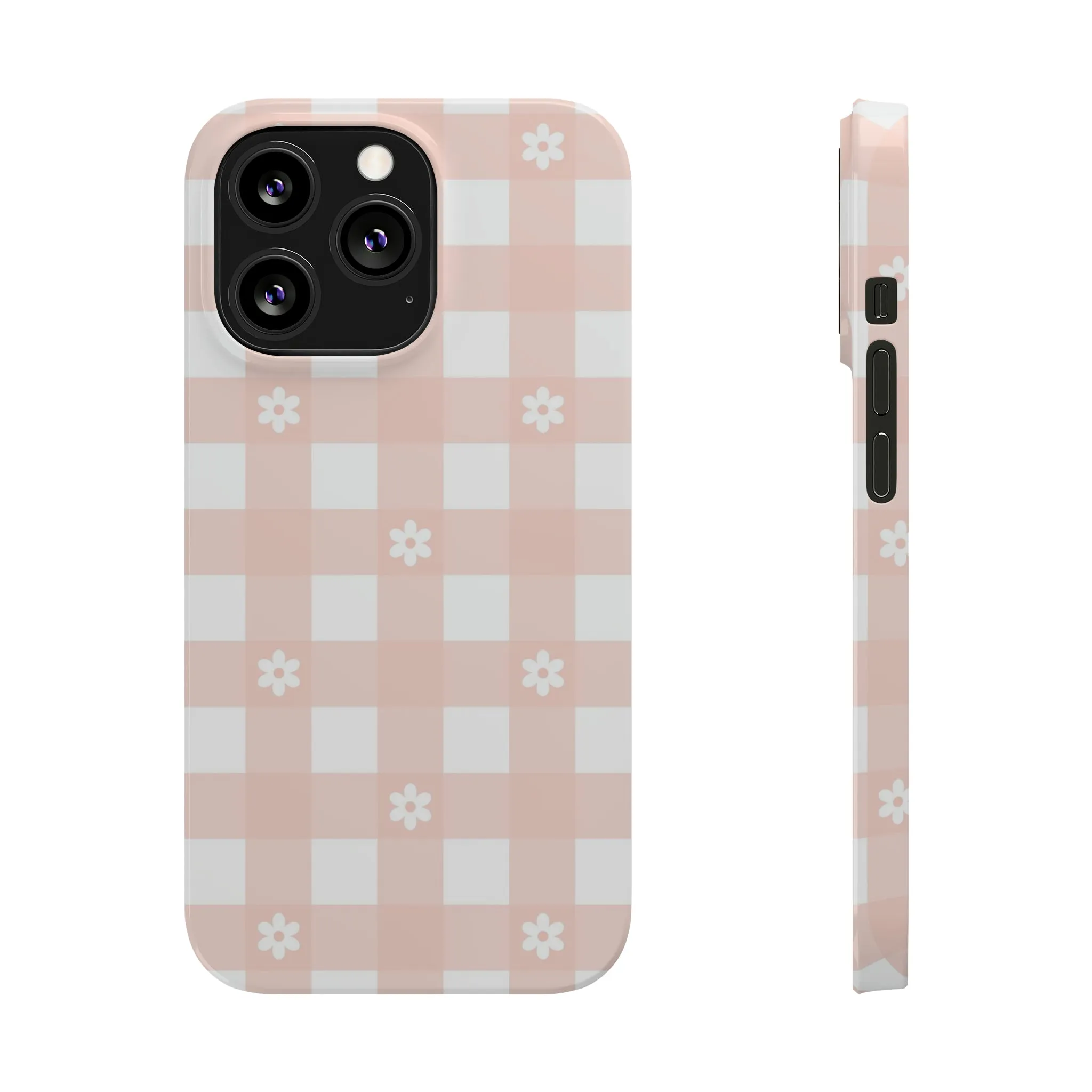 White Daisies and Pink Gingham Design Sleek Elegance Wireless-Charging Compatible Phone Case Slim Phone Case compatible with over 20 iphone models