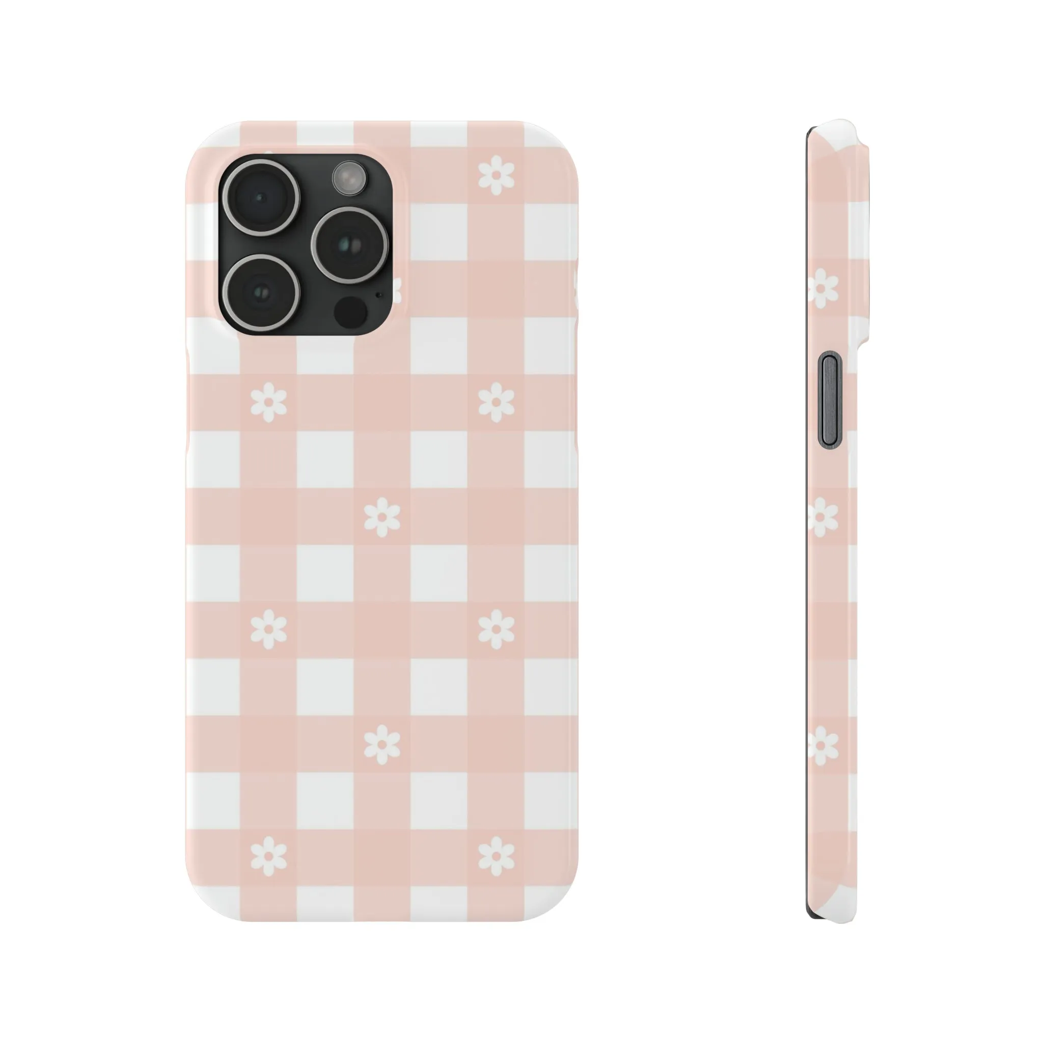 White Daisies and Pink Gingham Design Sleek Elegance Wireless-Charging Compatible Phone Case Slim Phone Case compatible with over 20 iphone models