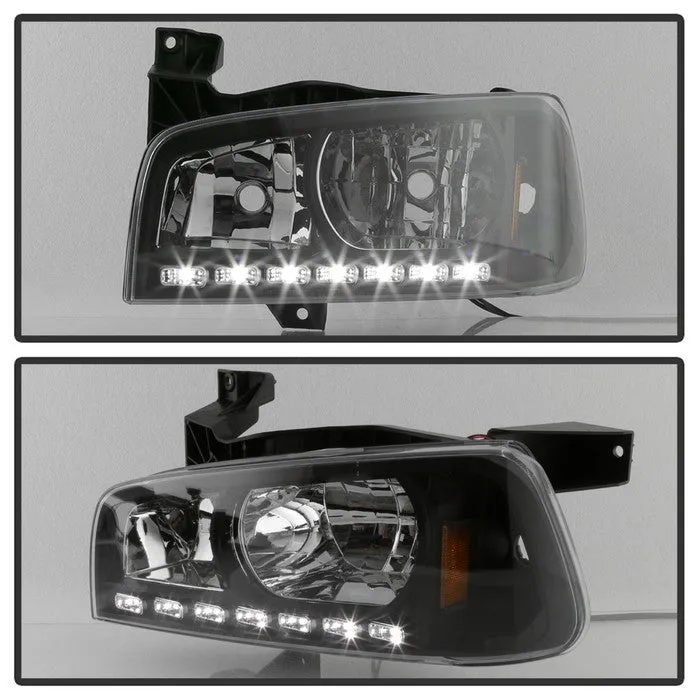 Xtune Crystal Headlights Dodge Charger (06-10) [w/ LED DRL Lights] Black / Chrome / Smoke w/ Amber Turn Signal Light