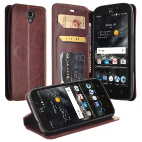 ZTE Prestige 2, Overture 3, Maven 3, Prelude Plus, ZTE 9136, Midnight Pro, Leather Magnetic Flip Fold[Kickstand] Wallet Case with Card Slots - Brown