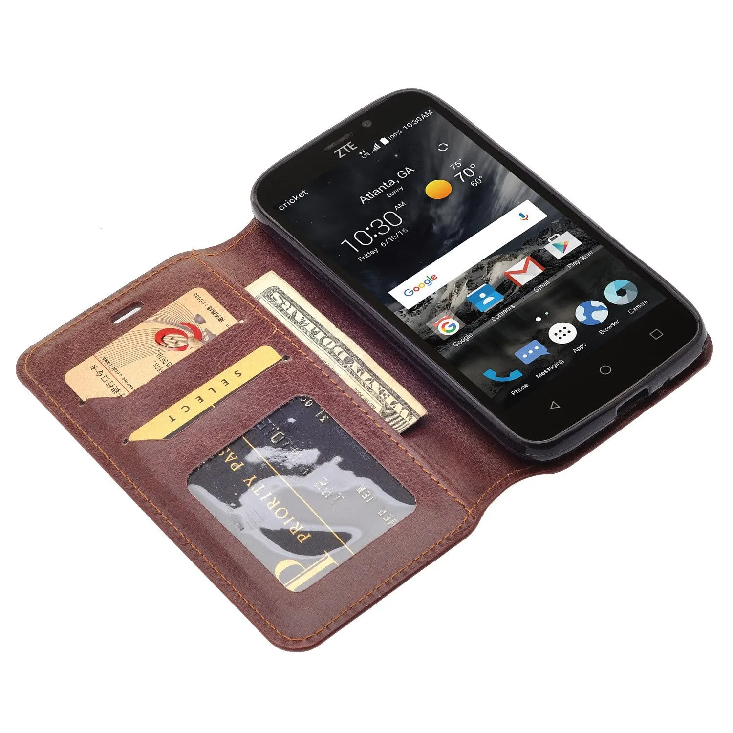 ZTE Prestige 2, Overture 3, Maven 3, Prelude Plus, ZTE 9136, Midnight Pro, Leather Magnetic Flip Fold[Kickstand] Wallet Case with Card Slots - Brown