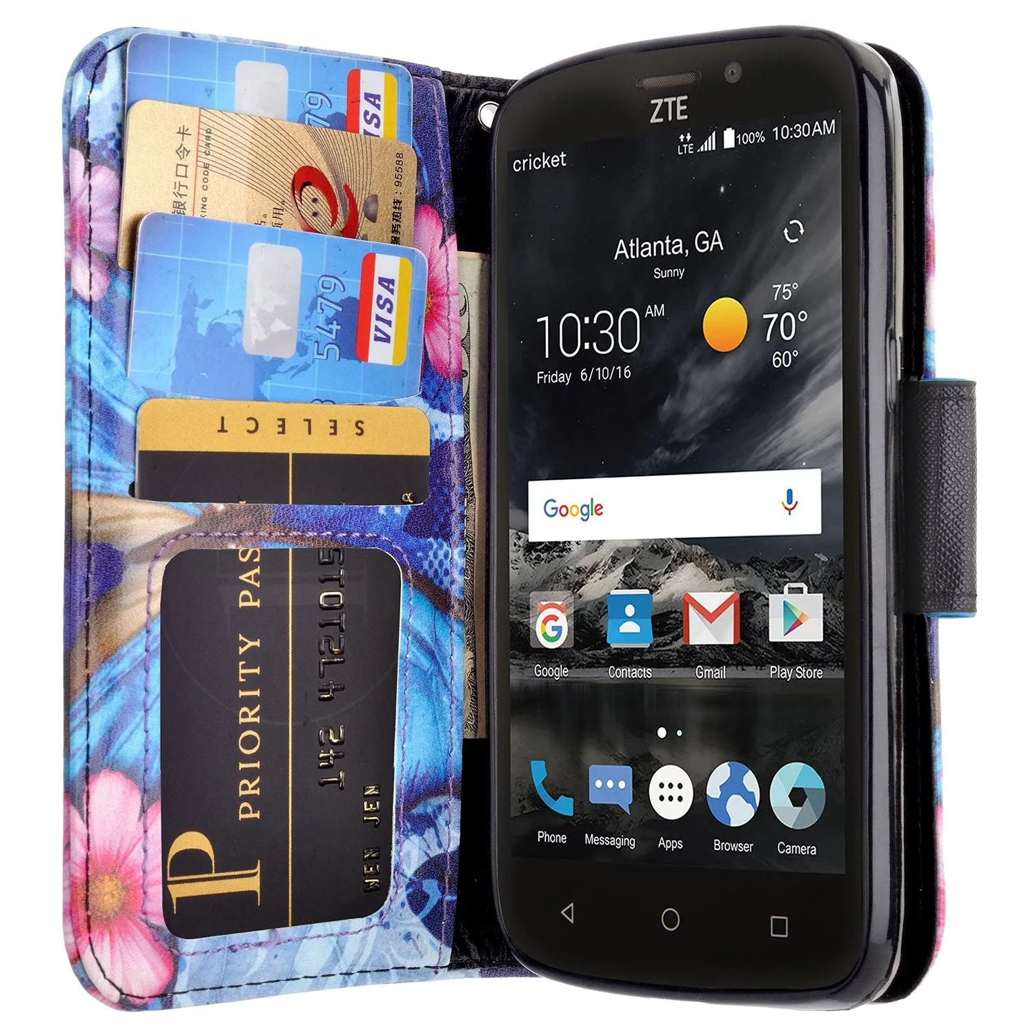 ZTE Prestige 2, Overture 3, Maven 3, Prelude Plus, ZTE 9136, Midnight Pro, Leather Magnetic Flip Fold[Kickstand] Wrist Strap Wallet Case with Card Slots - Blue Butterfly