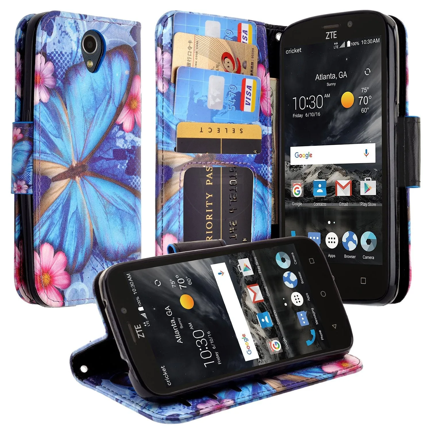 ZTE Prestige 2, Overture 3, Maven 3, Prelude Plus, ZTE 9136, Midnight Pro, Leather Magnetic Flip Fold[Kickstand] Wrist Strap Wallet Case with Card Slots - Blue Butterfly